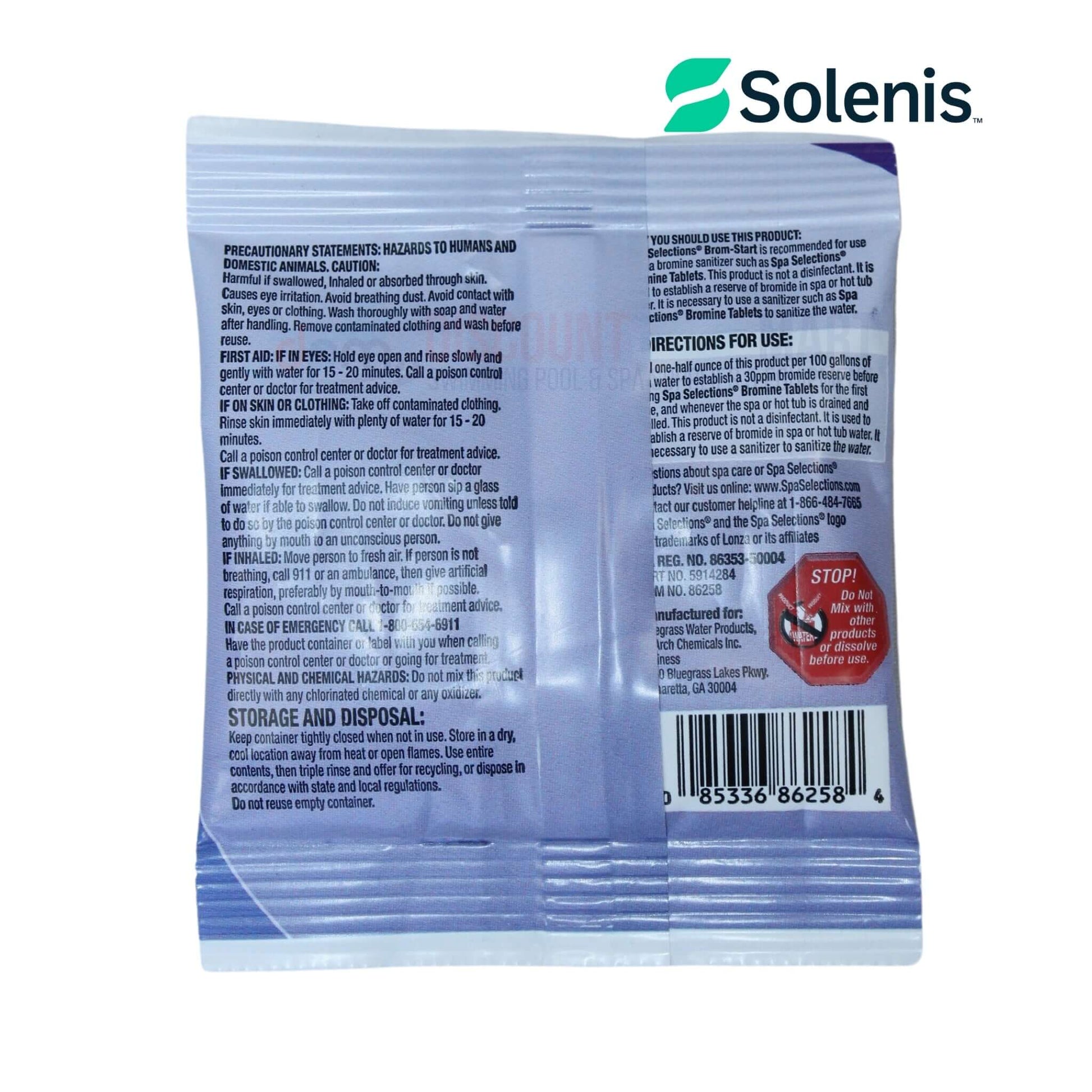 Solenis Brom-Start Spa Bromide Reserve 2oz packaging, perfect for initiating bromine system, available at Discount Pool Mart DPM.