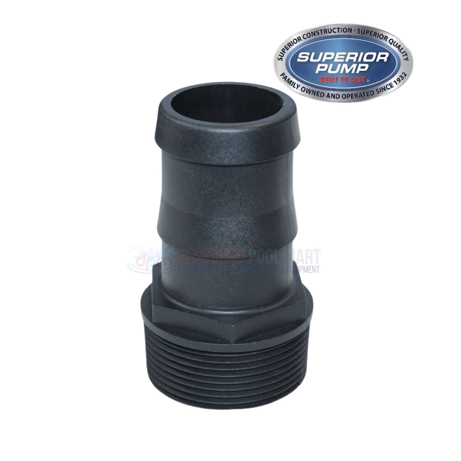 Superior Pump submersible sump pump fitting, durable black construction, available at Discount Pool Mart DPM for reliable water removal.