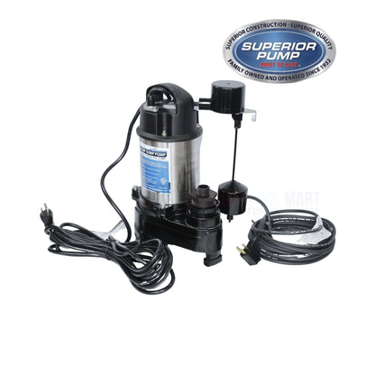 Superior Pump Submersible Stainless Steel Sump Pump | 1/2 HP | 25" Cord | 92589