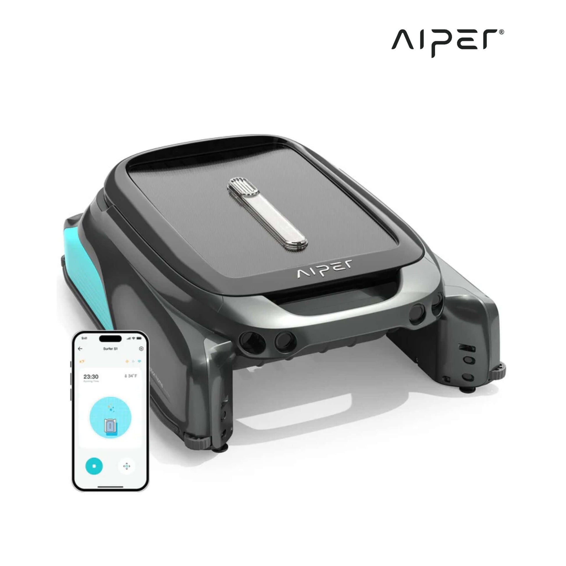 Aiper cordless robotic pool skimmer Surfer S1 with smartphone controller, available at Discount Pool Mart DPM.