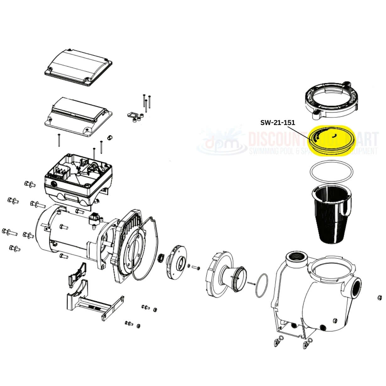 Exploded view diagram of Swimables Clear Pump Lid SW-21-151 for Pentair IntelliFlo and WhisperFlo from Discount Pool Mart DPM.