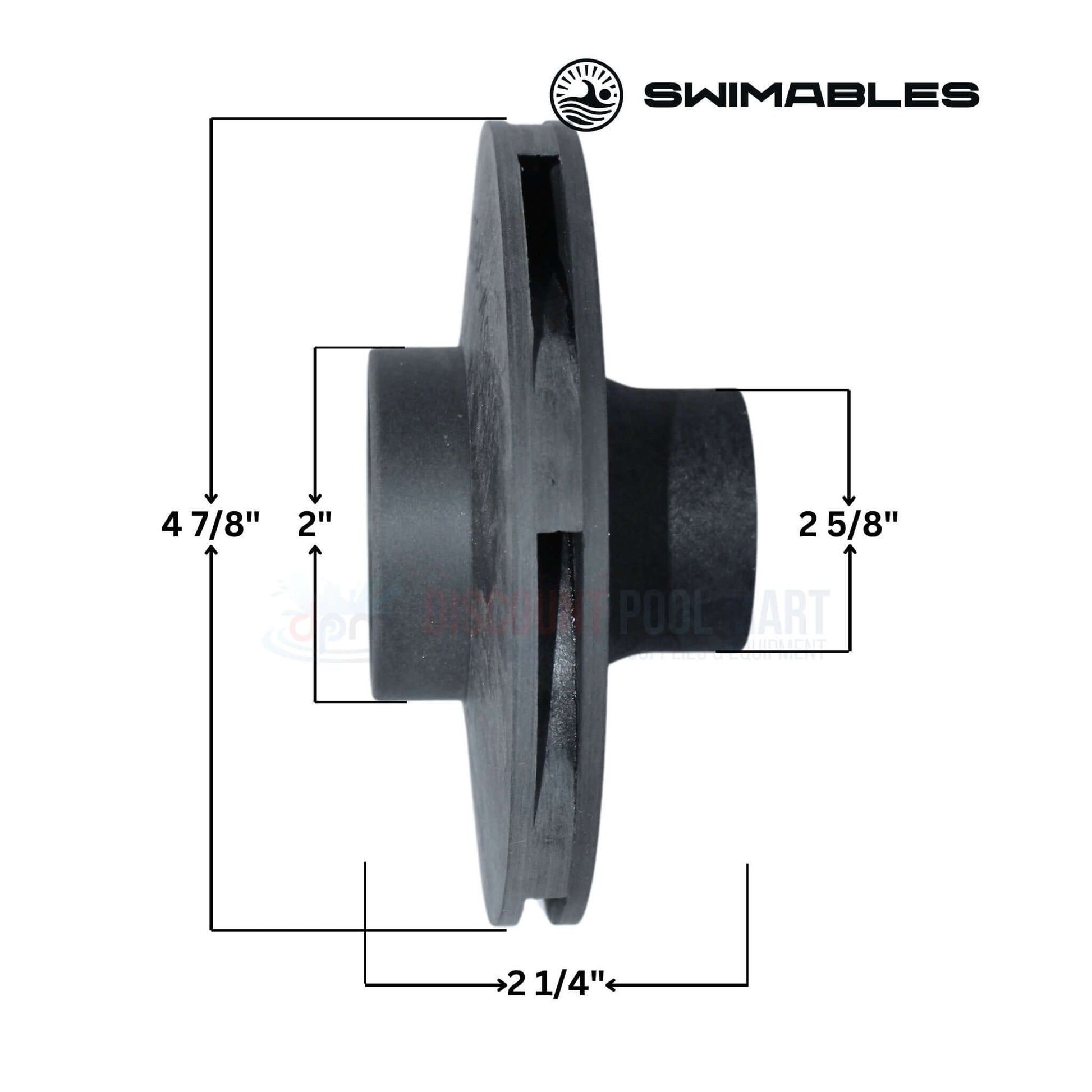 Swimables Impeller for WhisperFlo Pumps dimensions: 4 7/8" diameter, 2" width, 2 1/4" inlet, 2 5/8" outlet | Discount Pool Mart DPM