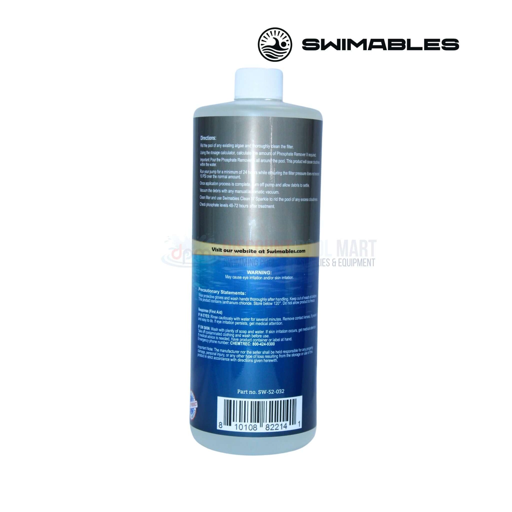 Swimables Phosphate Remover X 32oz bottle back view, available at Discount Pool Mart DPM for pool algae control.