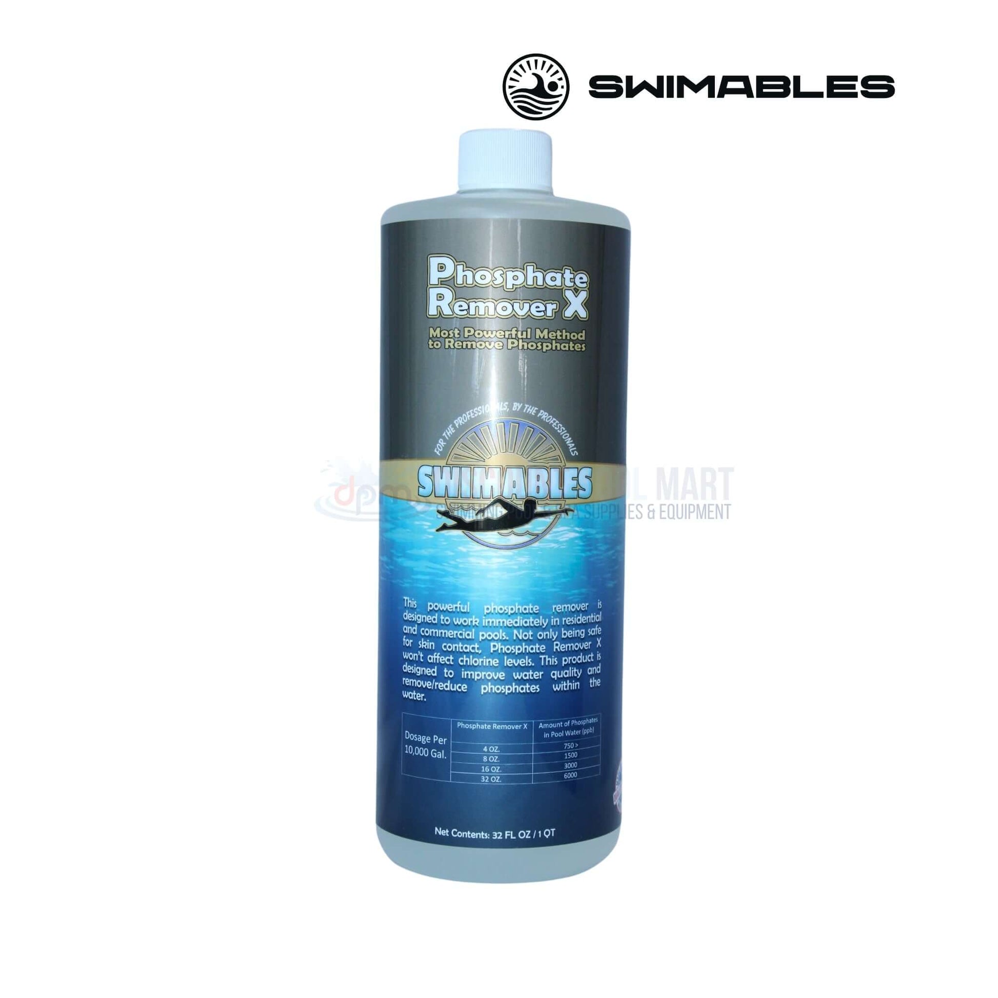 Swimables Phosphate Remover X 32oz from Discount Pool Mart DPM, effectively eliminates phosphates for clear pool water.