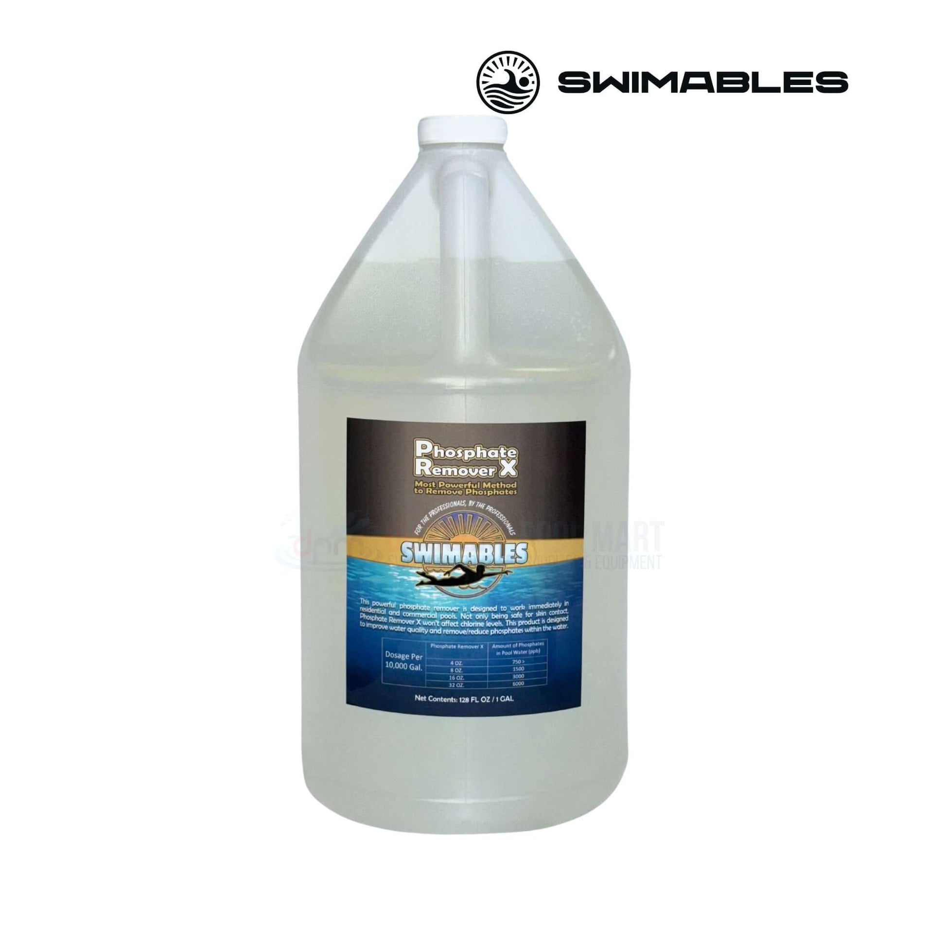 Swimables Phosphate Remover X Concentrate 1 Gallon by Discount Pool Mart DPM, SKU SW-52-128, fast-acting solution.