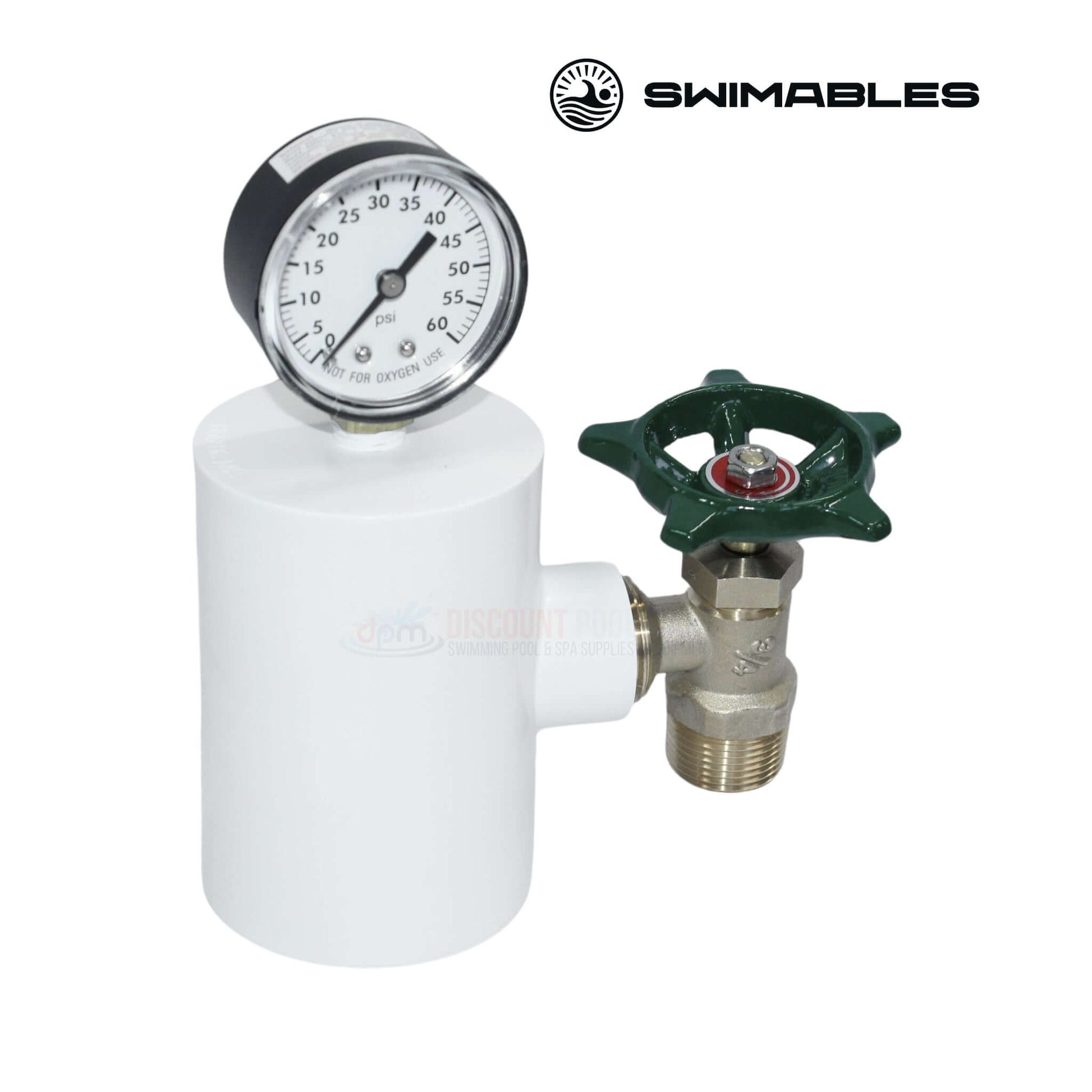 Swimables Pressure Test Kit SW-30-999 for 2-inch pool plumbing by Discount Pool Mart DPM with gauge and valve.