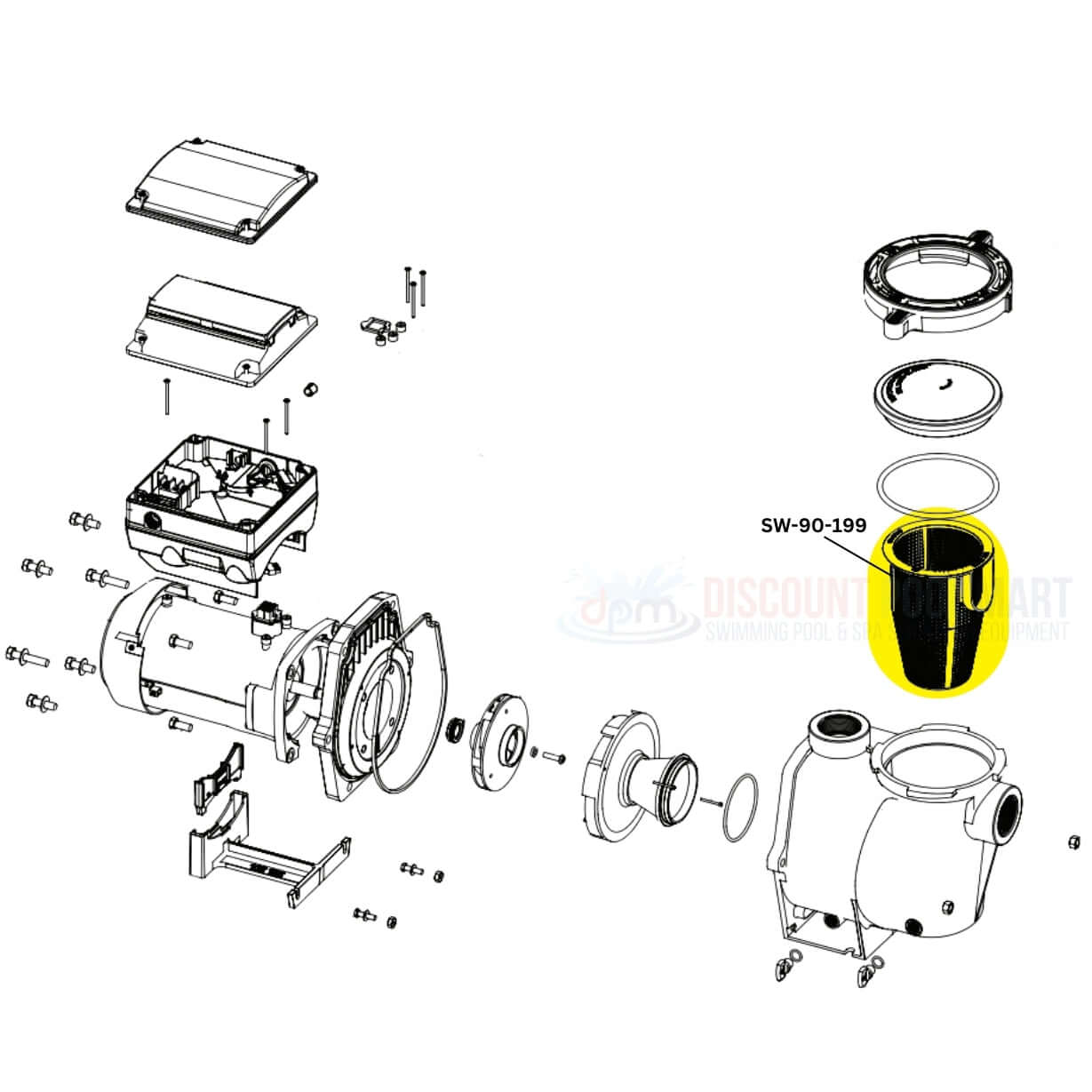 Exploded view diagram of Swimables Pump Basket SW-90-199 for Pentair pumps by Discount Pool Mart DPM.