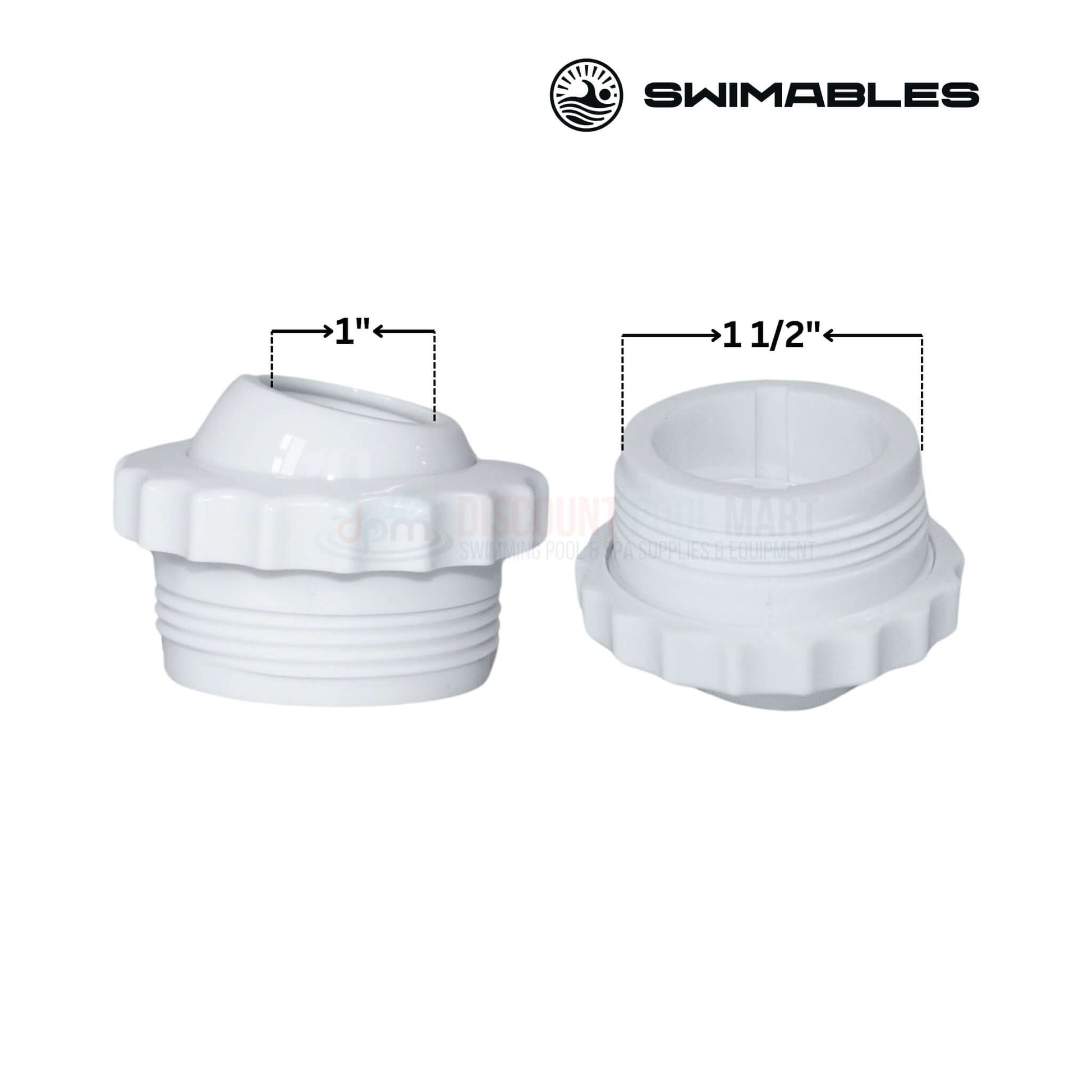 Swimables 1-inch and 1.5-inch threaded eyeball fittings by Discount Pool Mart DPM for water flow control.