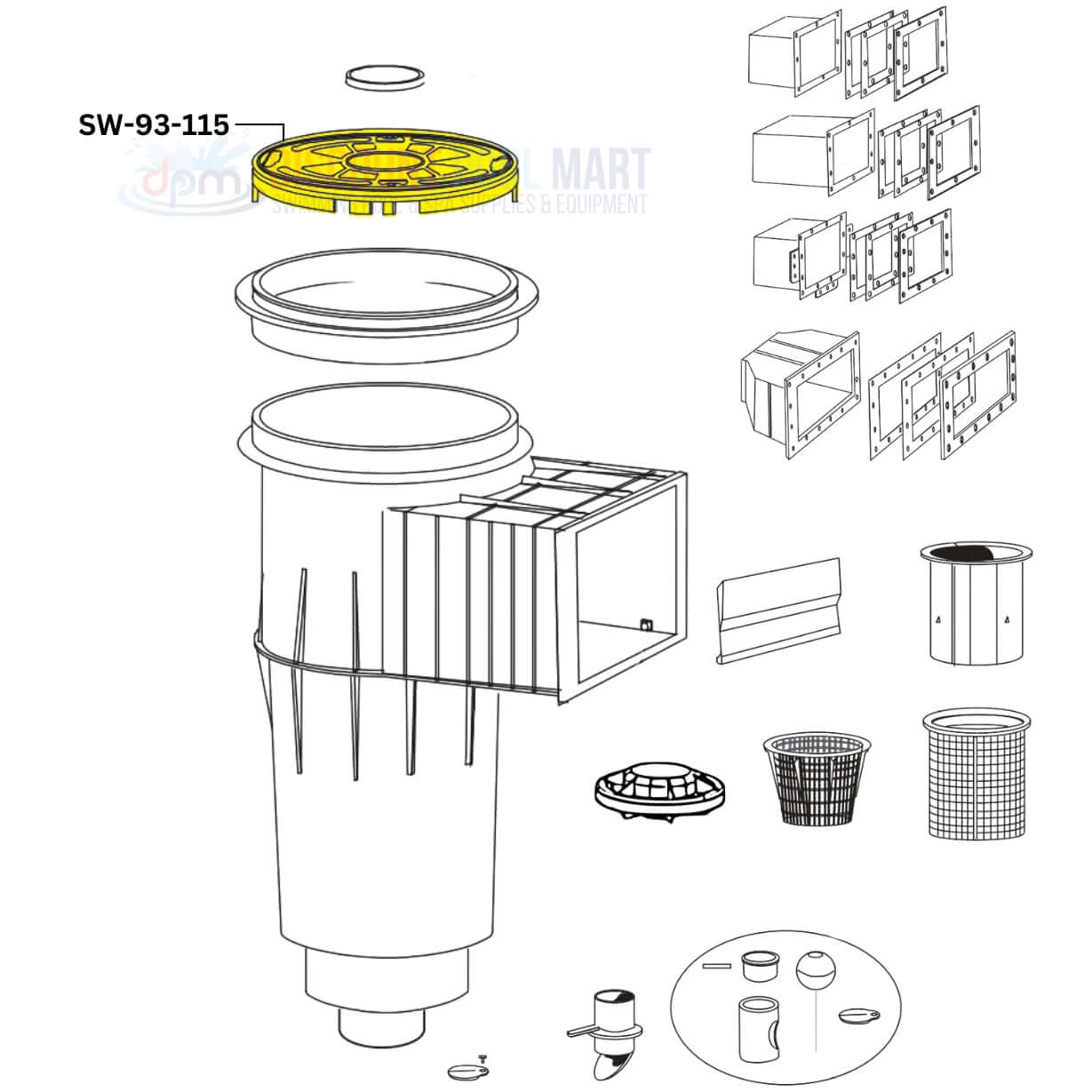 Exploded view of Swimables SW-93-115 skimmer lid and components, ideal for American Products skimmers from Discount Pool Mart DPM.