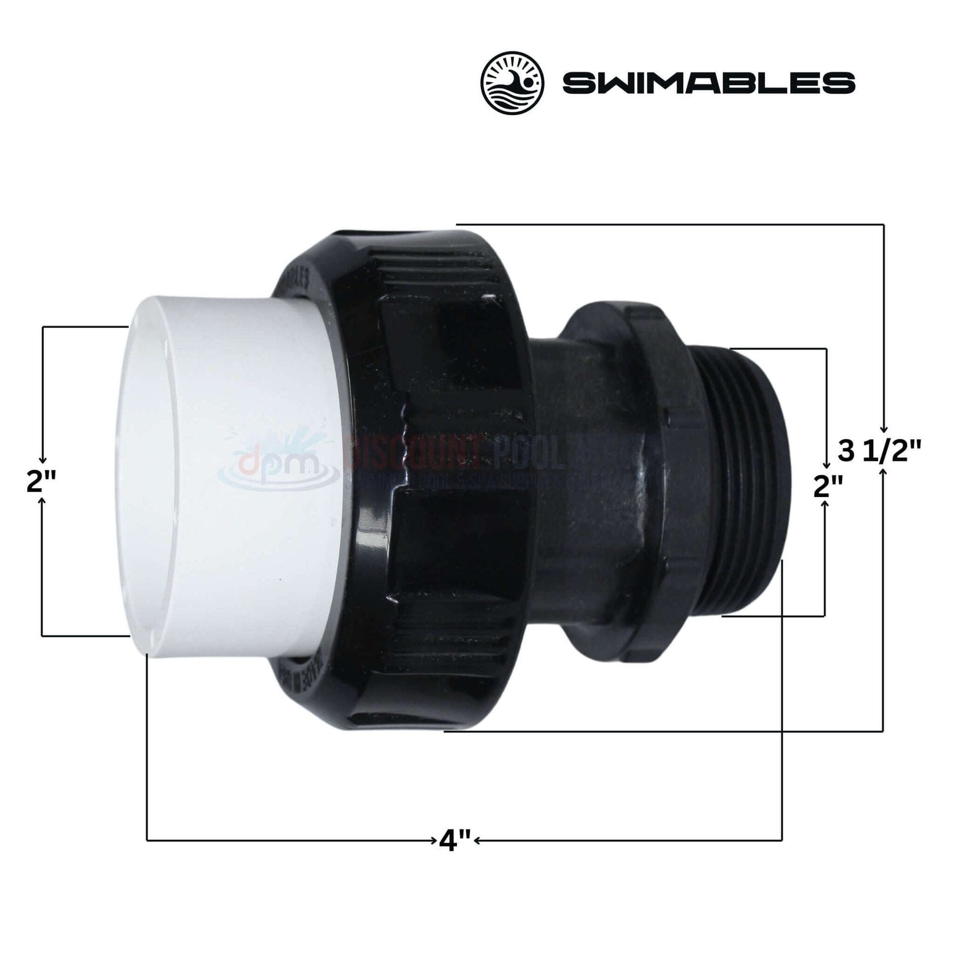 Swimables High Temp Union 2" MIP x 2" Socket Long Neck SW-30-320 from Discount Pool Mart DPM, showing dimensions.