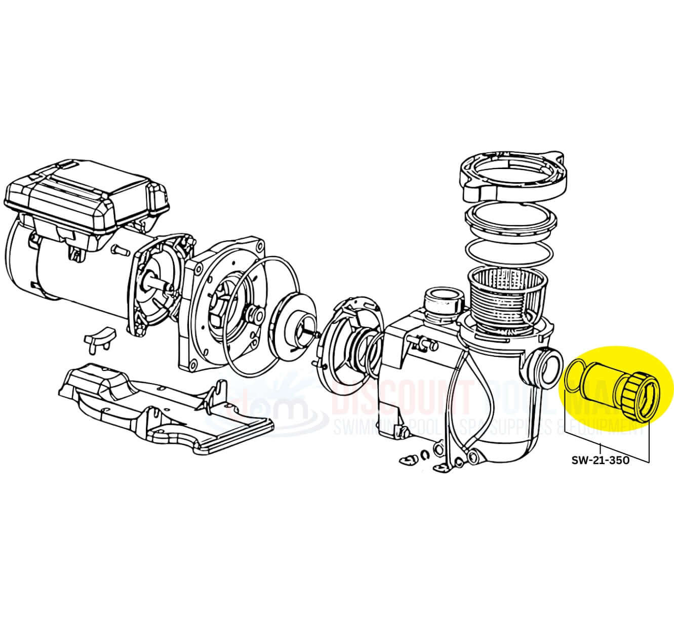 Exploded view of Swimables Union Kit SW-21-350 for Pentair SuperFlo and SuperMax pumps, includes unions and components.
