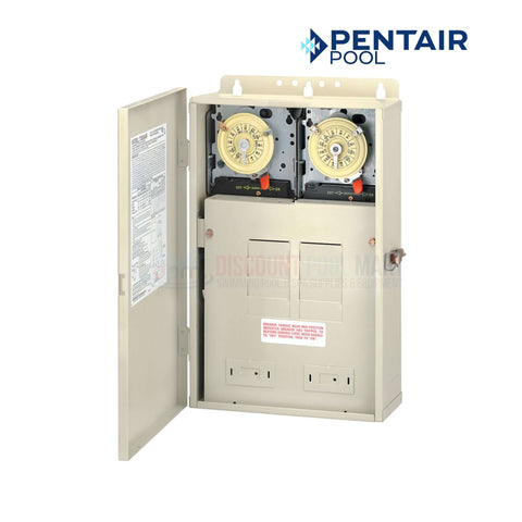 Intermatic T30404R 100A Load Center with 2 T104M timers, designed for pool management. Available at Discount Pool Mart.