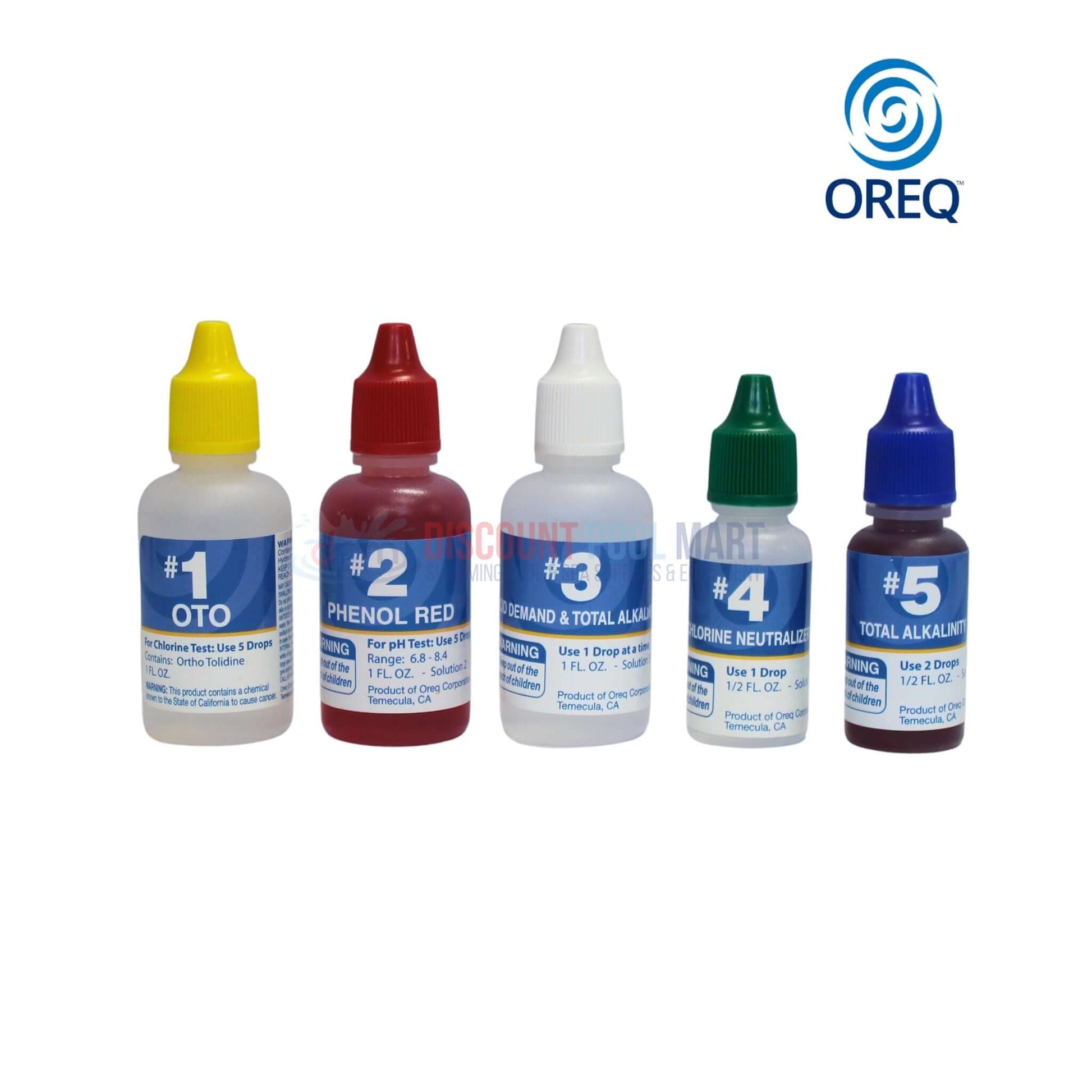 TK400 | Oreq 4-Way Pool Water Test Kit reagents in colorful bottles, part of pool supplies from Discount Pool Mart.