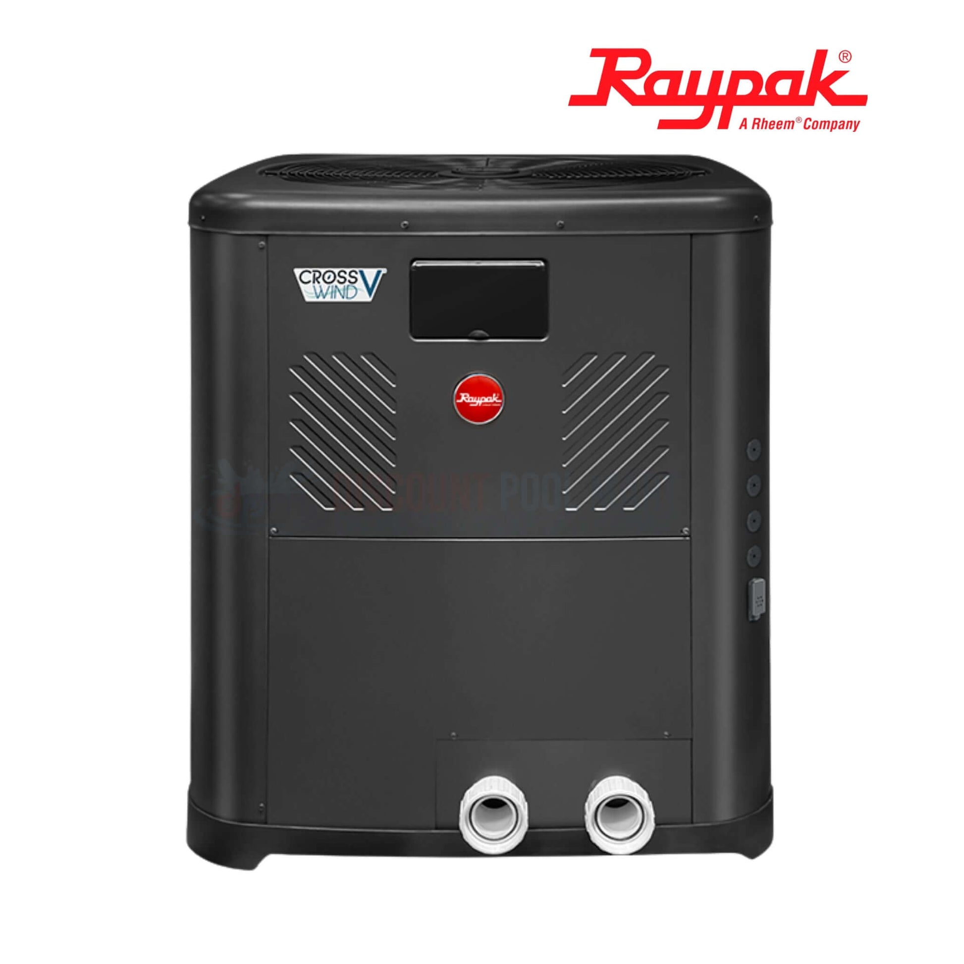 Raypak Crosswind V Deluxe 138K BTU Heat & Cool Pump TWPH-8550EHC08 in sleek black design, ideal for swimming pools, from Discount Pool Mart.