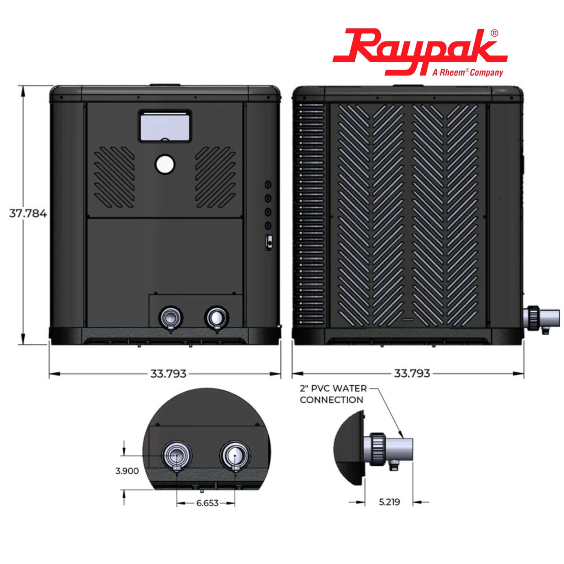 Raypak Crosswind V Deluxe heat pump TWPH-8550EHC08 dimensions with PVC water connections, sleek black design, from Discount Pool Mart.