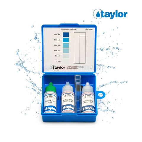 Taylor K-1106 Phosphate Test Kit for pools from Discount Pool Mart DPM with liquid reagents and color chart.