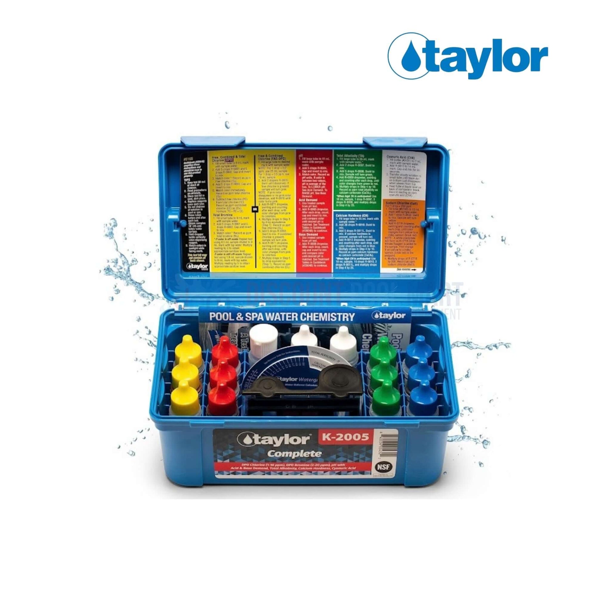 Taylor Complete Test Kit K-2005 for pool and spa chemistry with reagents, instructions, and color comparator from Discount Pool Mart DPM.