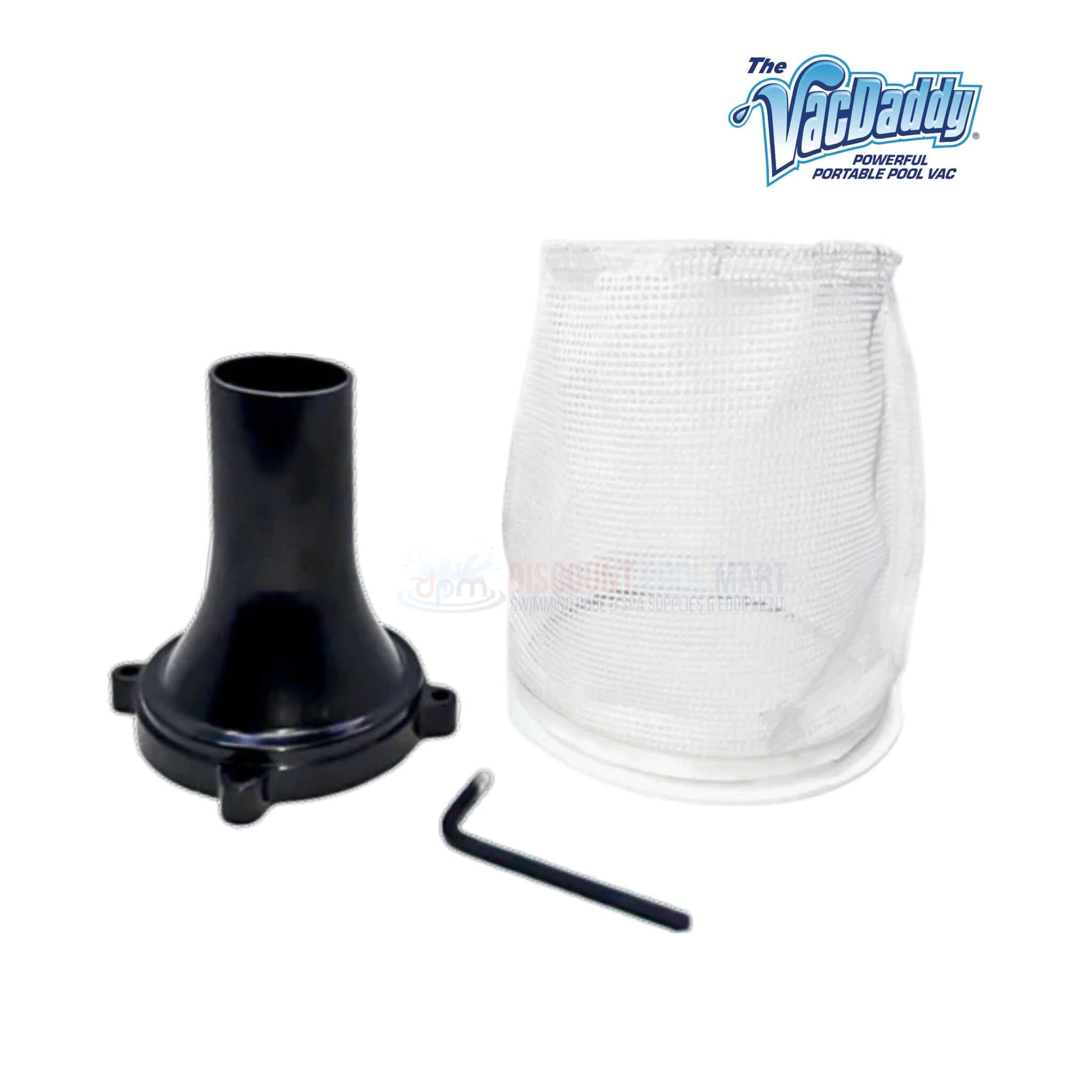 The VacDaddy Portable Pool Vacuum Cleaner Basic Bundle parts including filter and adapter. Discount Pool Mart DPM.