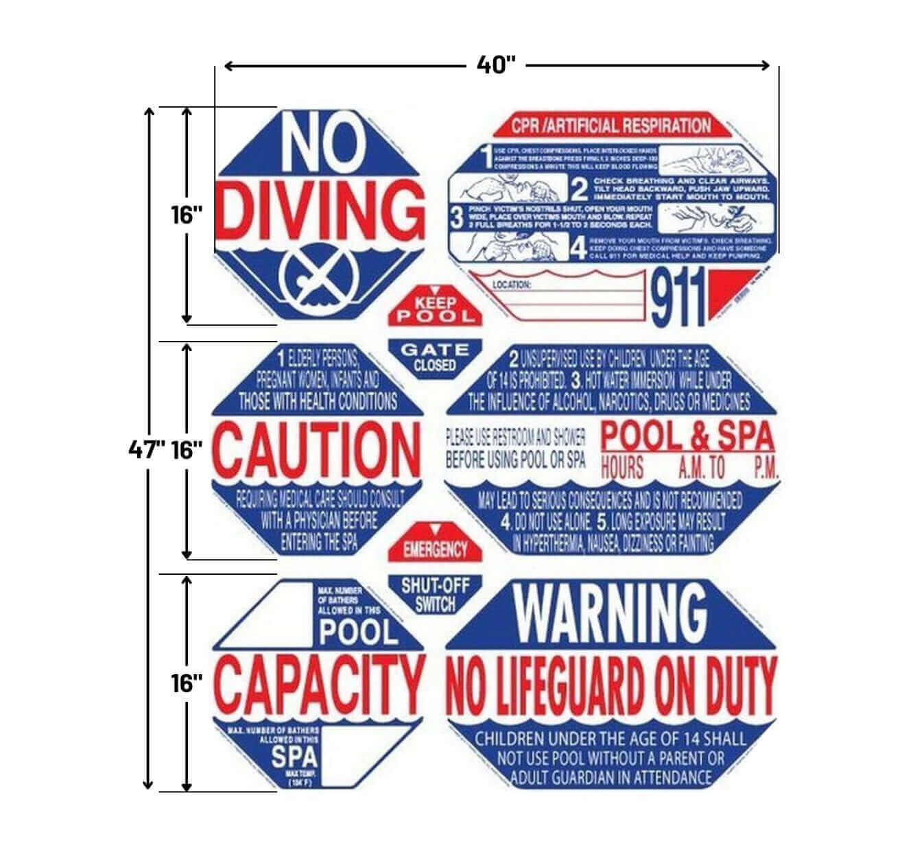 Traffic Graphix CA 8 in 1 Large English Safety Sign TGPS1001 from Discount Pool Mart, hexagon design for pool hazards.