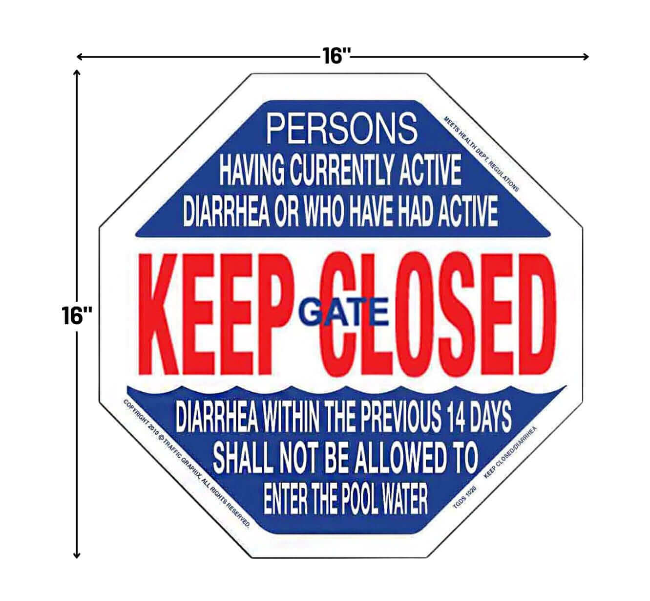 Hexagon Keep Gate Closed and Diarrhea Sign TGDS1020 for safety at Discount Pool Mart DPM, 16x16 inches.