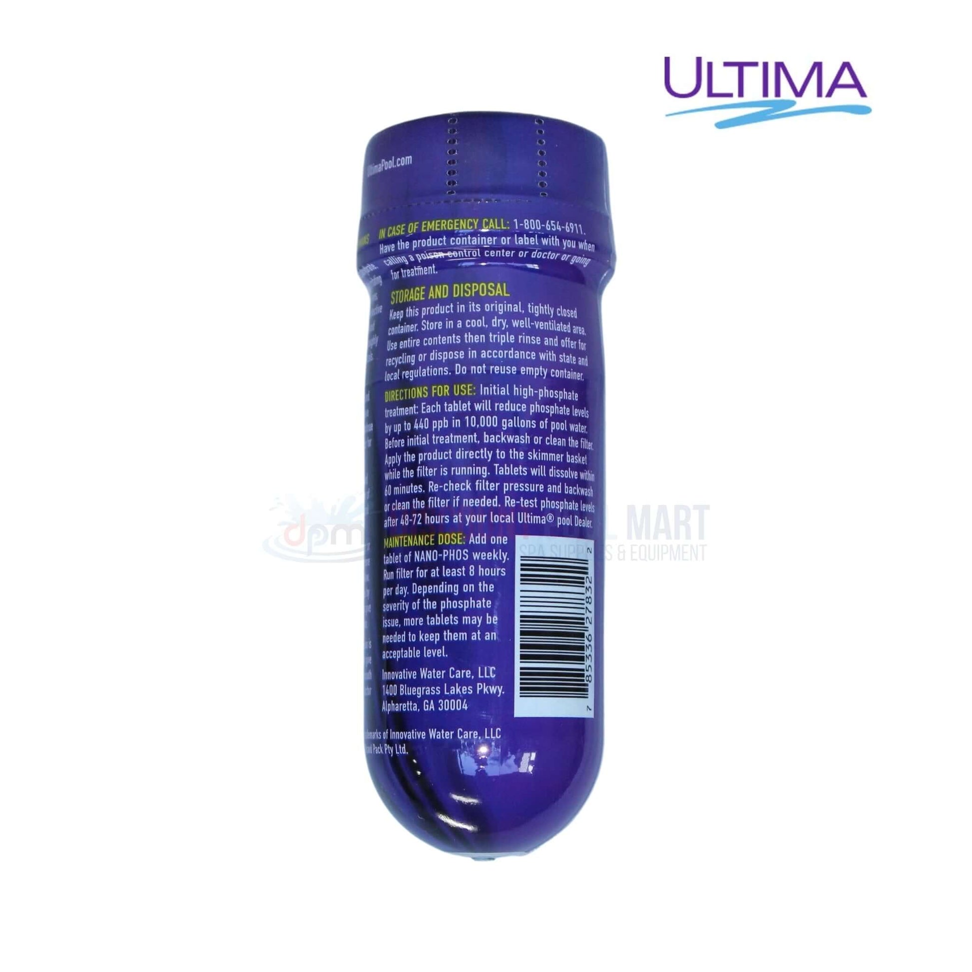 Ultima Nano-Phos phosphate remover bottle back label from Discount Pool Mart DPM, featuring usage instructions and safety information.