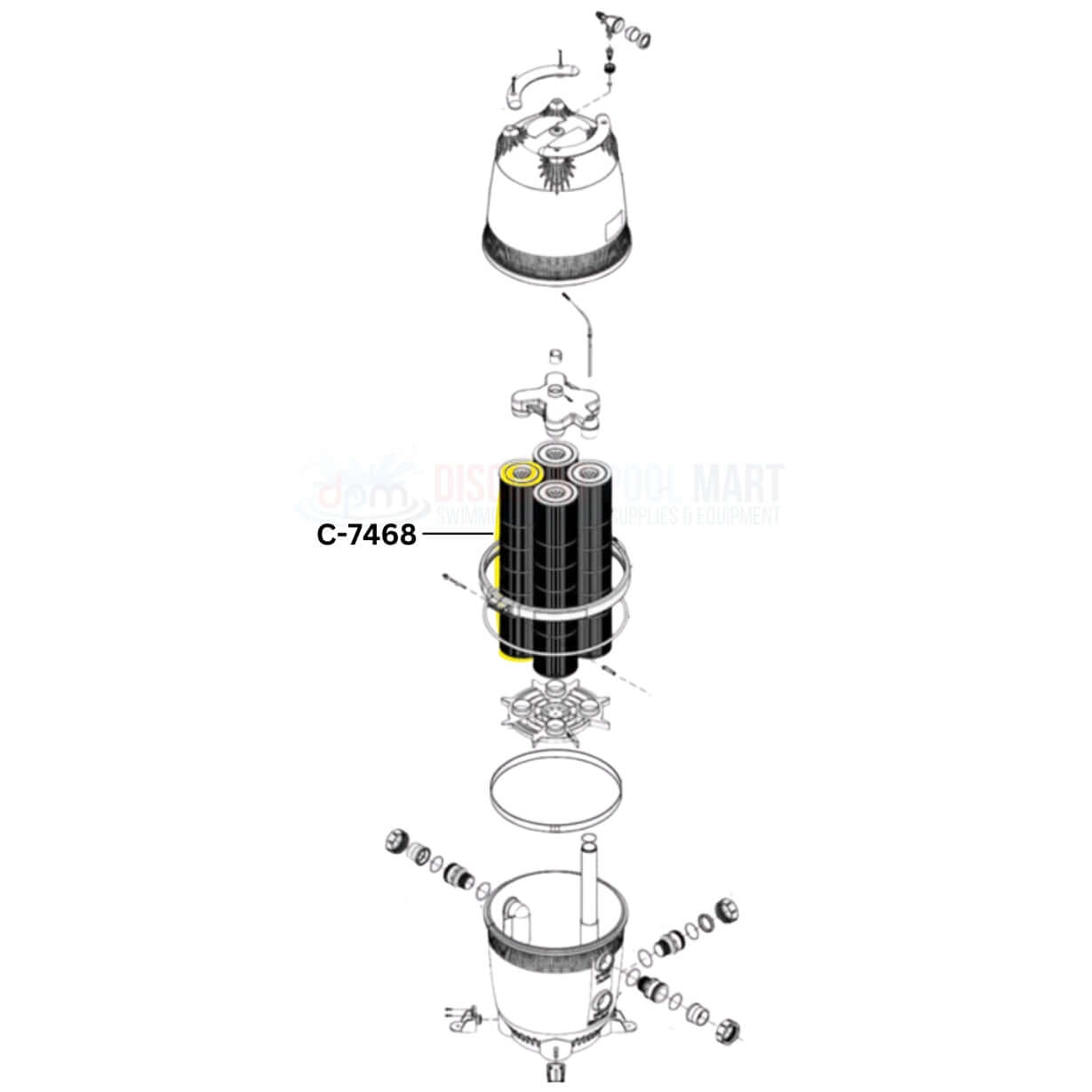 Exploded view of Unicel C-7468 cartridge replacement for Jandy CL460 and CV460 pool filters at Discount Pool Mart DPM.