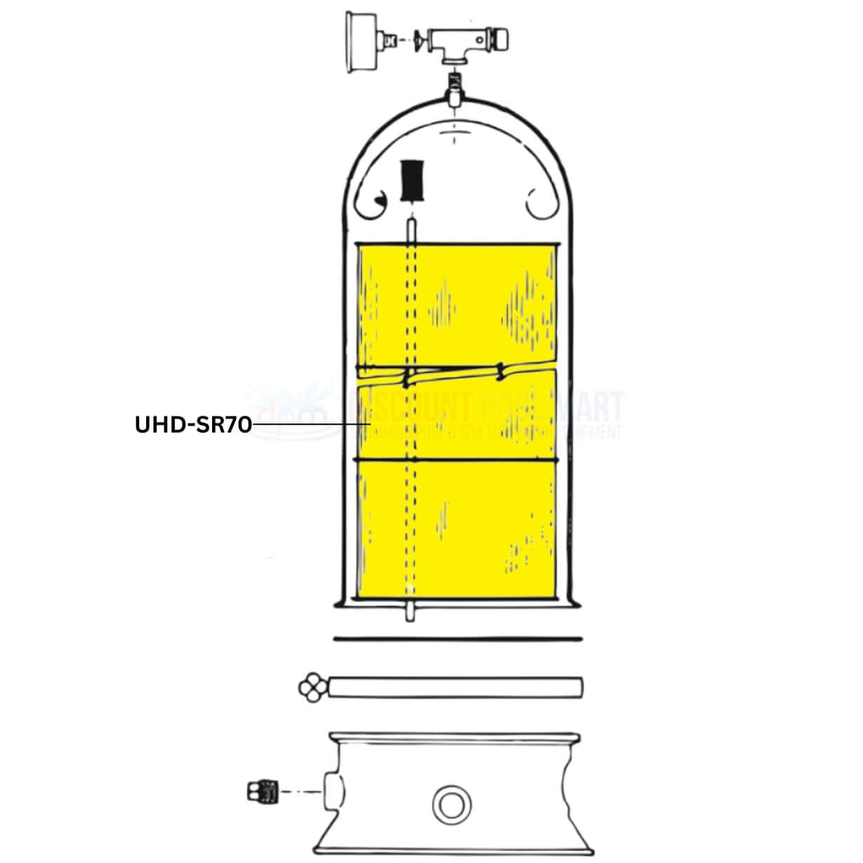 Diagram of Unicel UHD-SR70 Cartridge for Posi-Flo filters at Discount Pool Mart, showing detailed structure and dimensions.