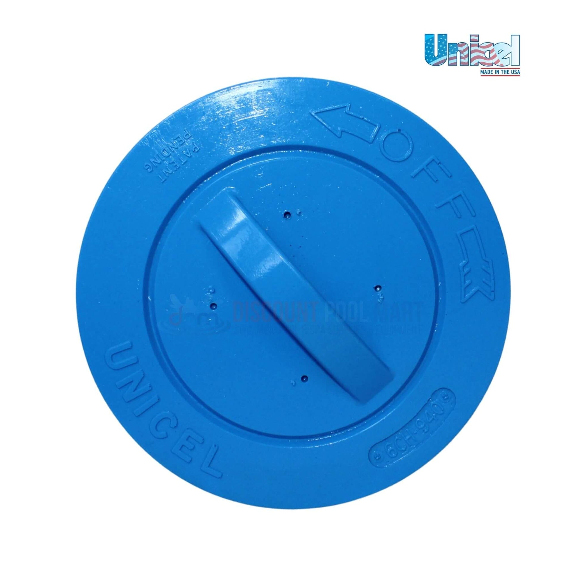 Unicel blue spa filter lid for hot tubs, OFF position, quality replacement part from Discount Pool Mart DPM.