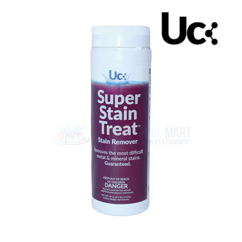 United Chemical Super Stain Treat 2.5 lb bottle for removing metal stains in pools, available at Discount Pool Mart DPM.