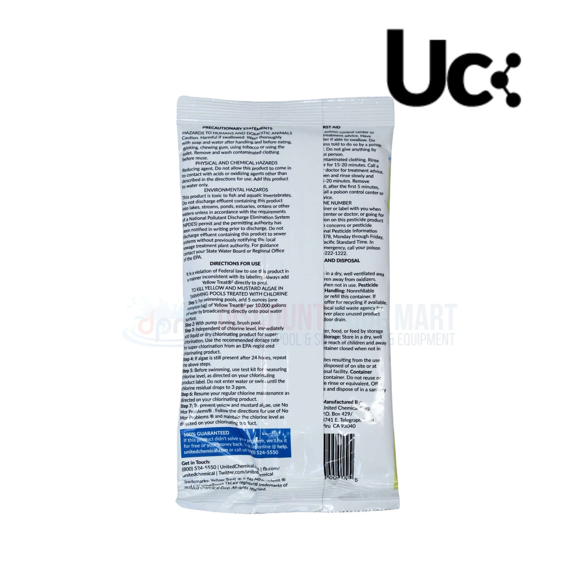 Back of United Chemical Yellow Treat2 Mustard Algicide 5 oz pack, available at Discount Pool Mart DPM.
