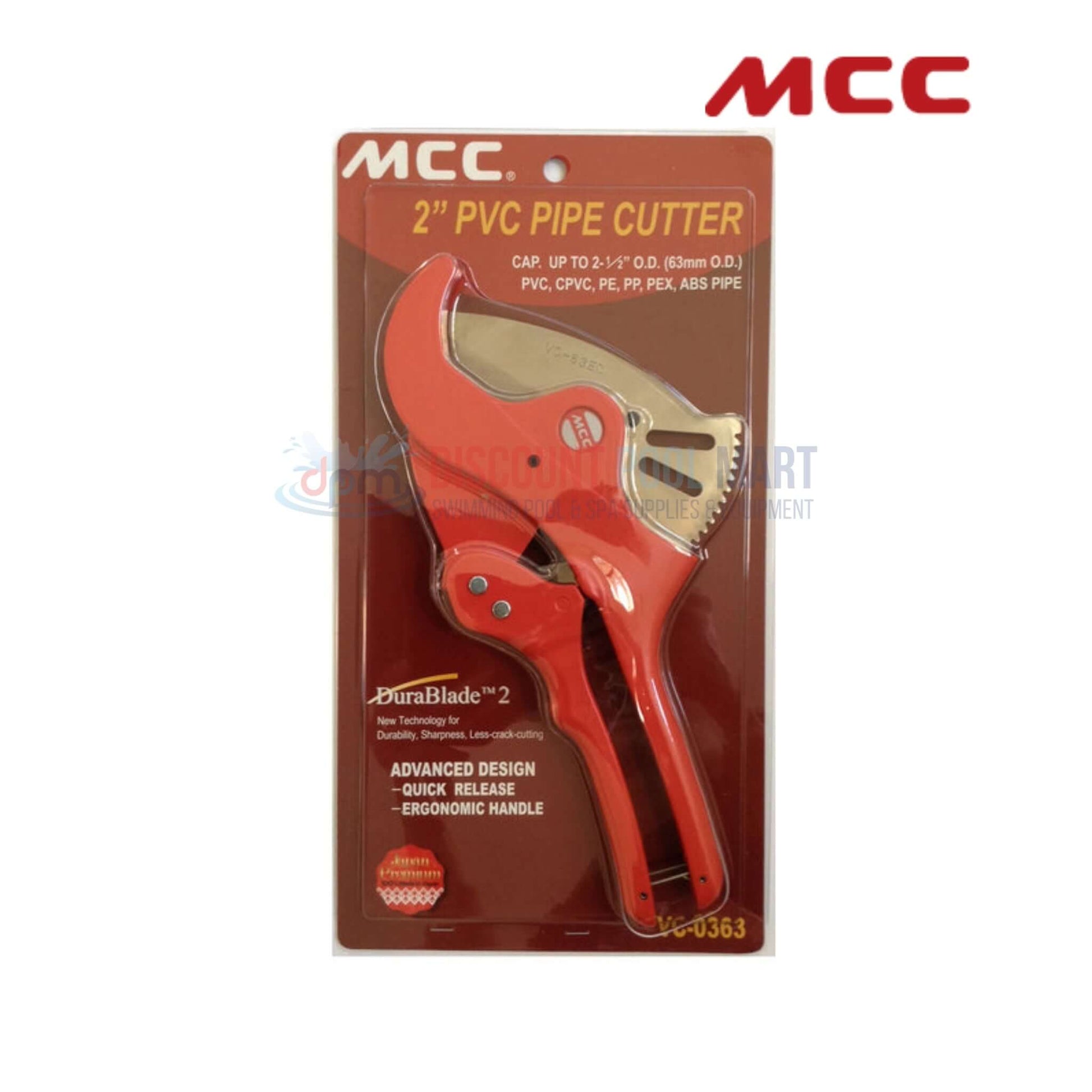 VC-0363 | MCC PVC Pipe Cutter 2.5" in red packaging, ideal for clean cuts in PVC, pool supplies from Discount Pool Mart.