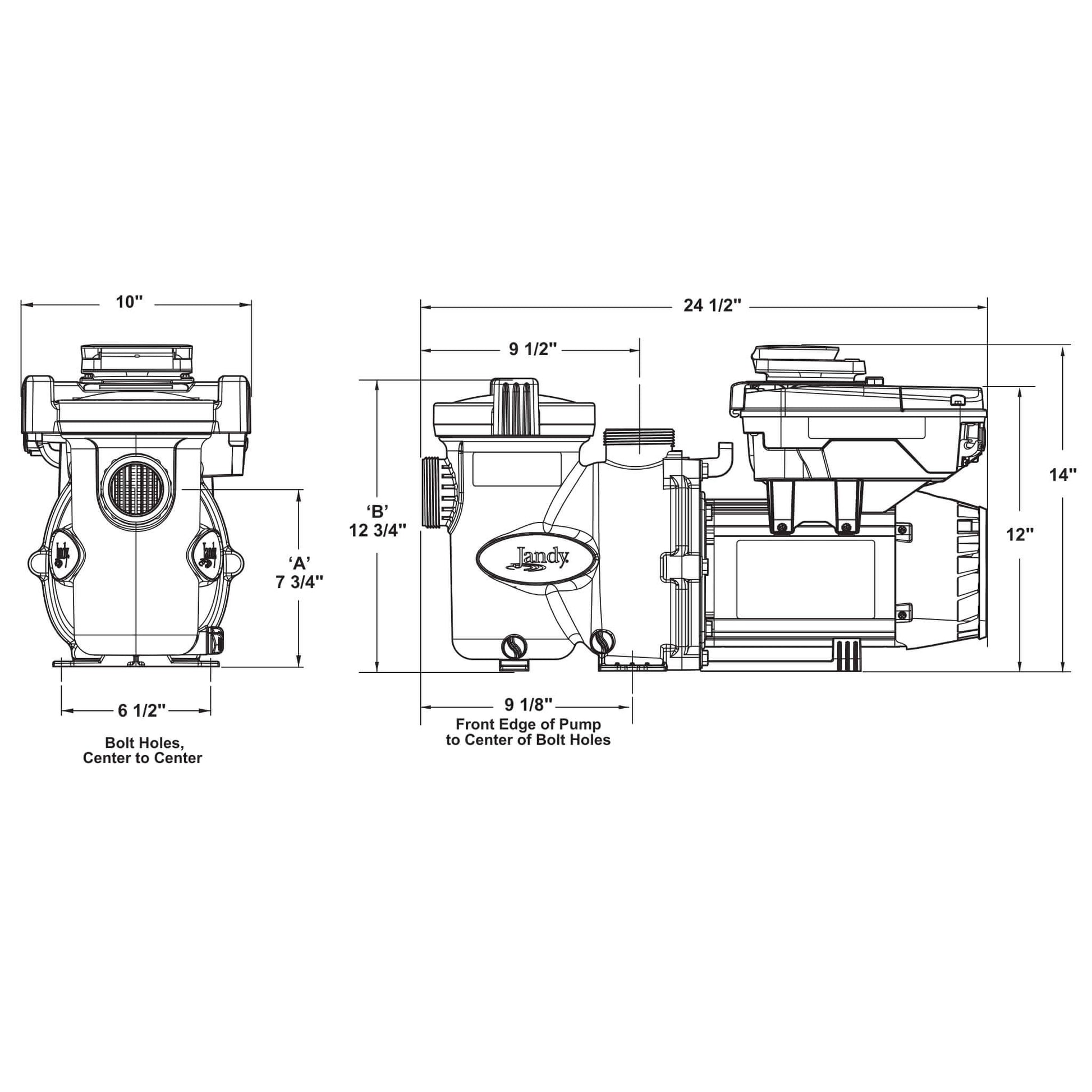 Jandy VS FloPro 1.85HP Pump diagram, showing dimensions and bolt hole placements for pool installation, by Discount Pool Mart.