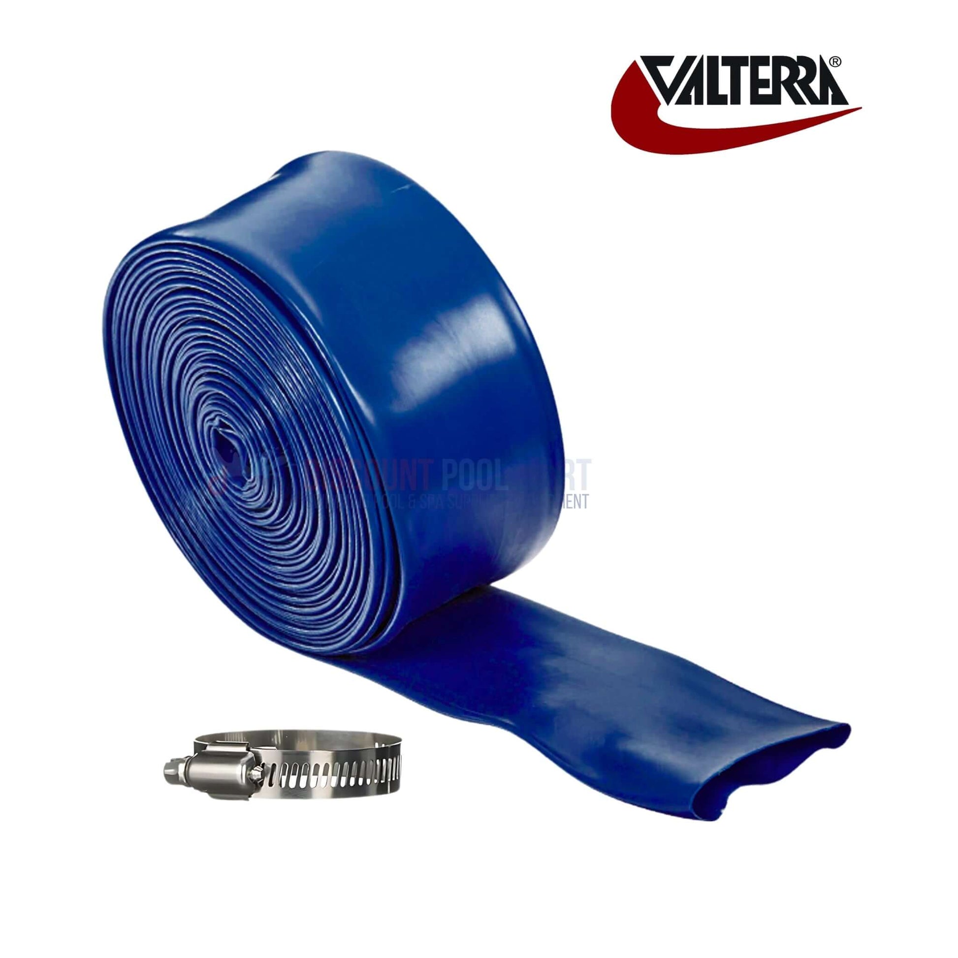 Blue Devil 200' heavy-duty backwash hose with clamp, 2-inch. Ideal for pool filtration. Available at Discount Pool Mart DPM.