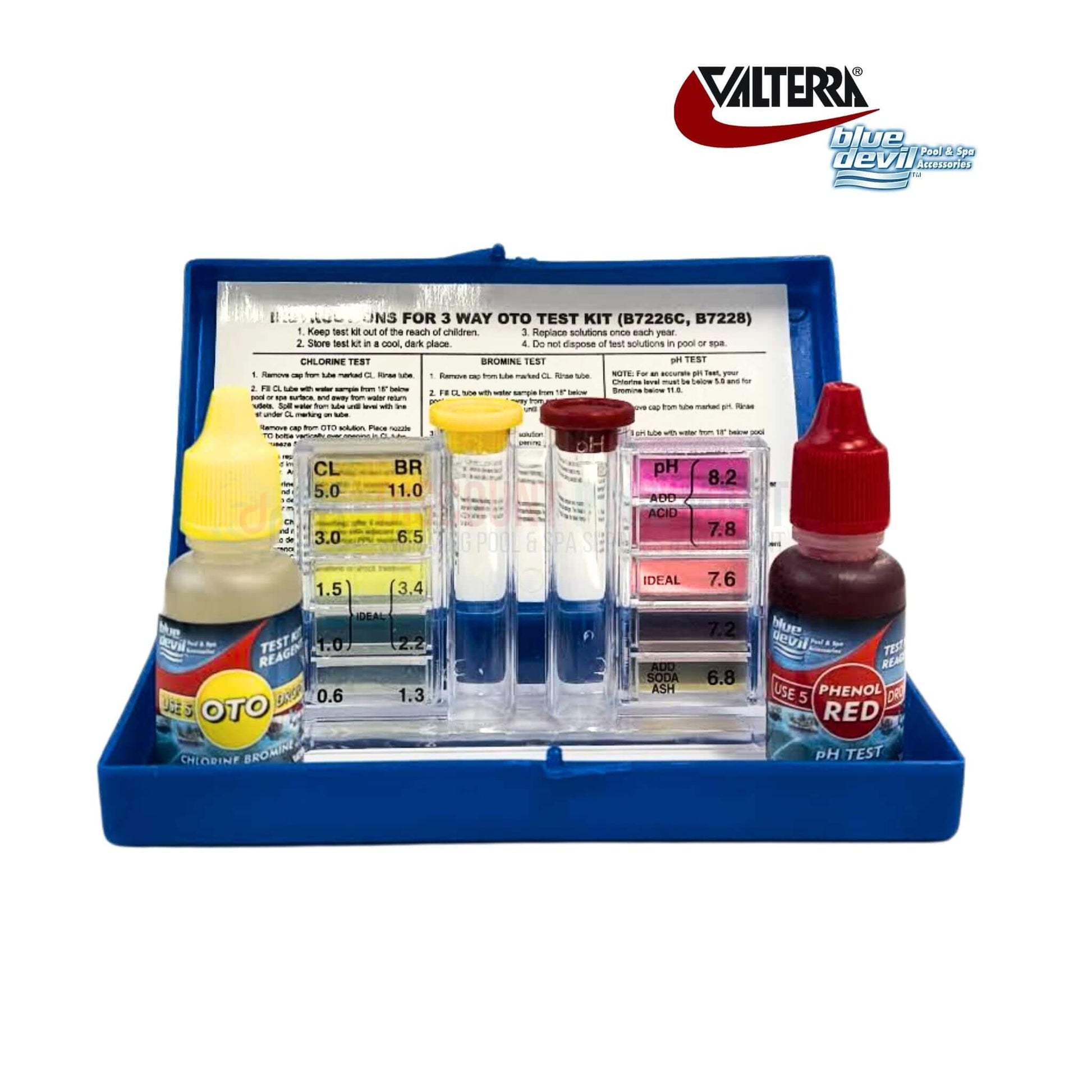 Valterra Blue Devil 3-Way OTO Test Kit B7228 for chlorine, bromine, pH testing by Discount Pool Mart DPM, easy storage.