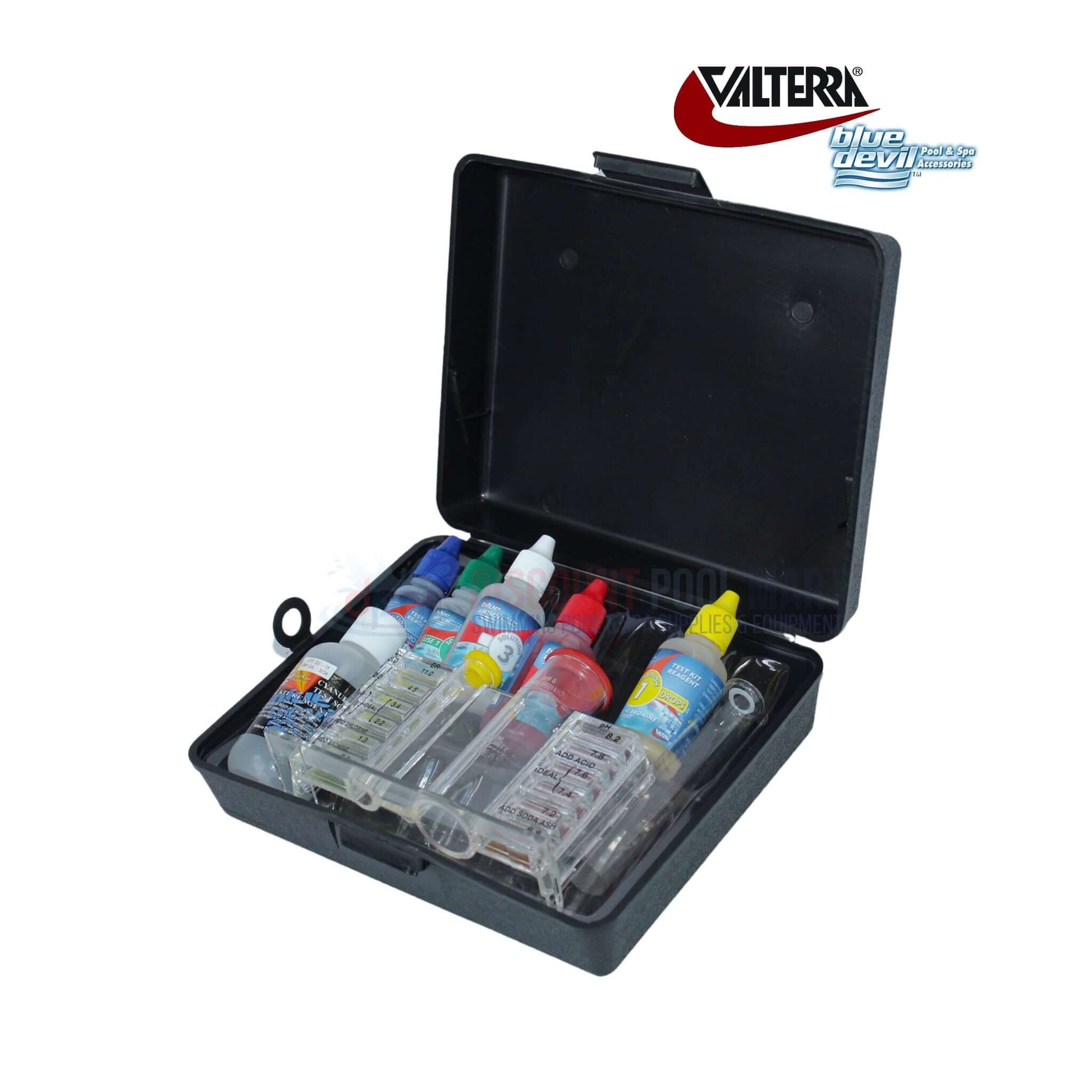 Valterra Blue Devil 6-Way Pro OTO Test Kit B7550 from Discount Pool Mart DPM, featuring testing bottles in a compact case.