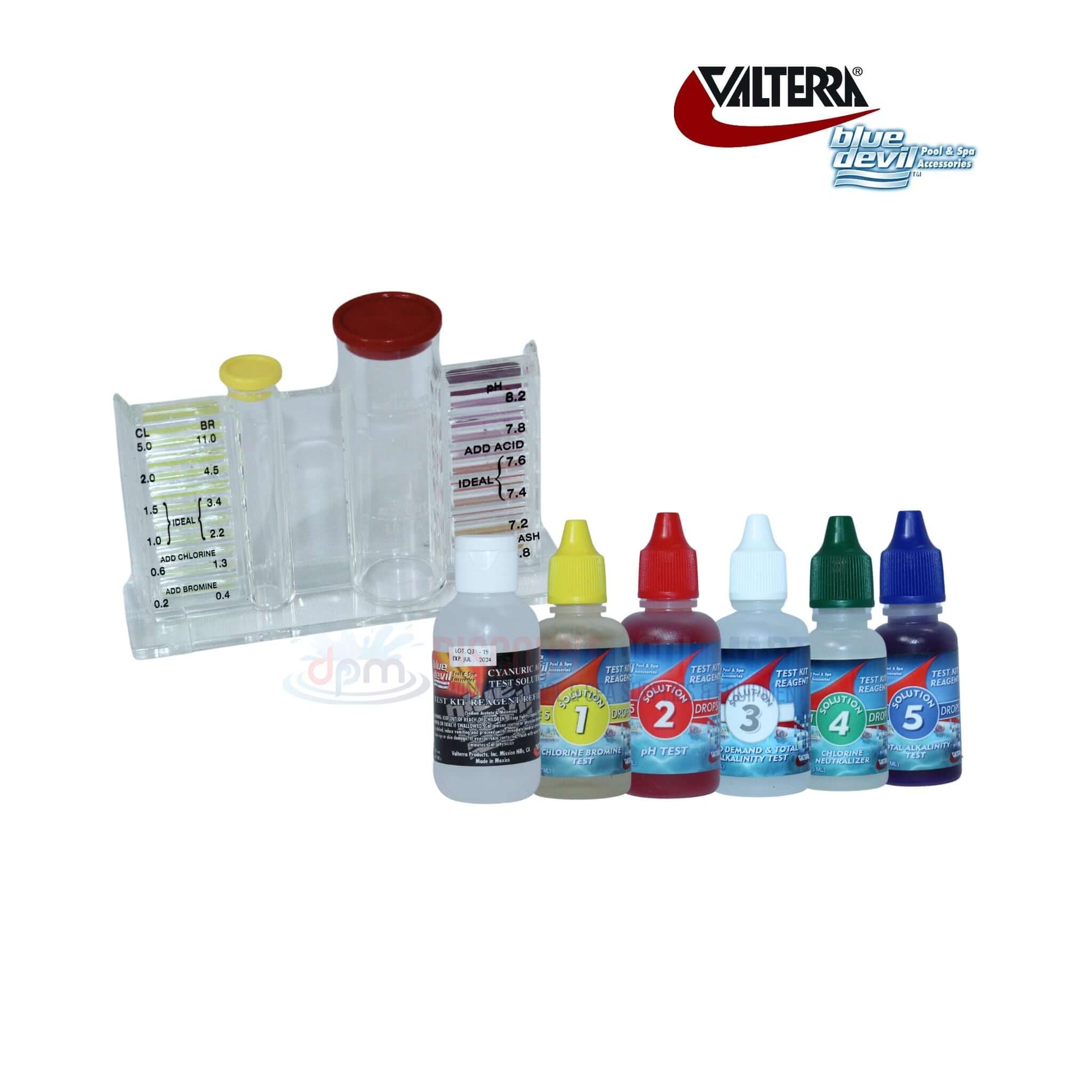 Valterra Blue Devil 6-Way Pro OTO Test Kit B7550 with test solutions from Discount Pool Mart DPM for accurate water testing.