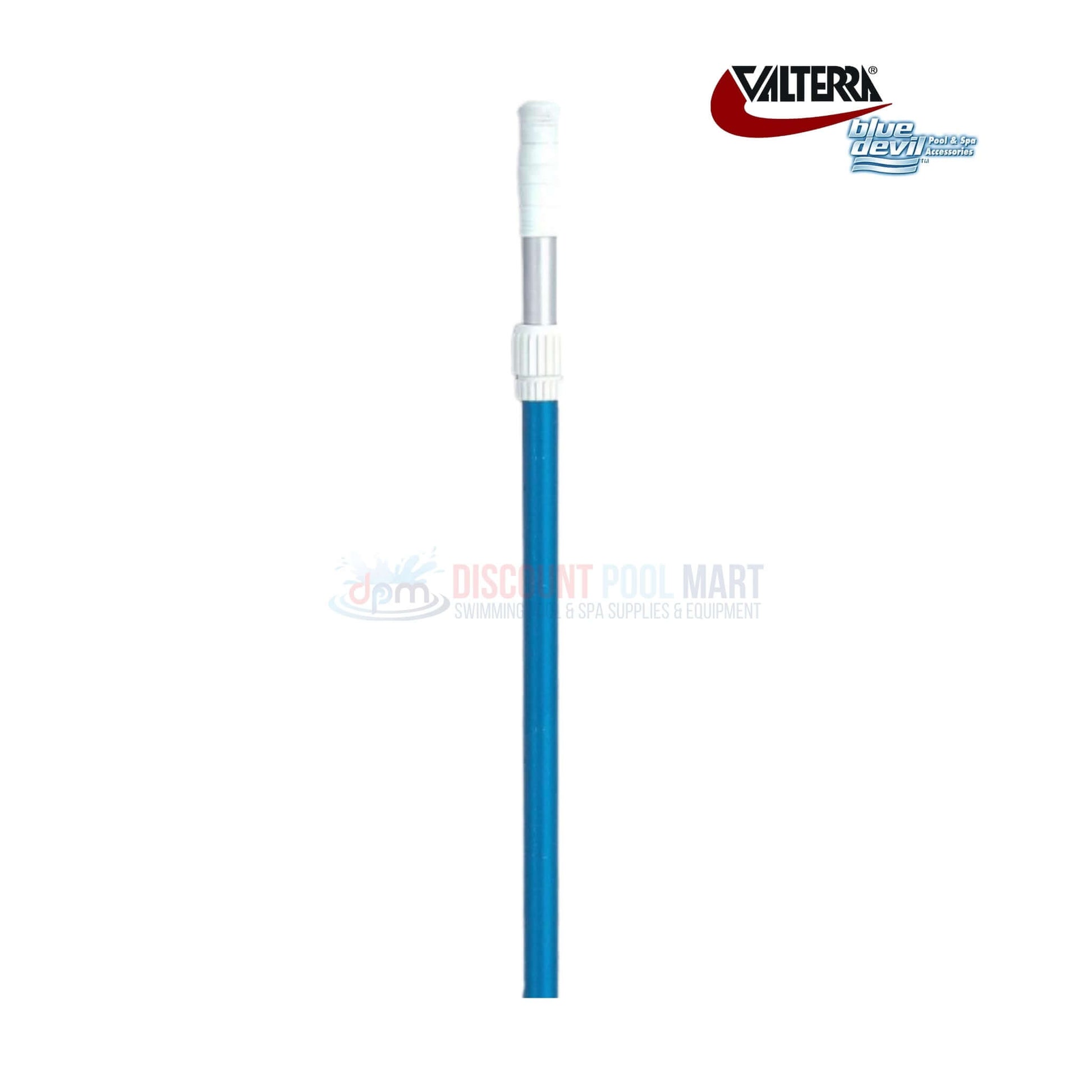 Valterra Blue Devil Telescoping Pole | 3 Section | Outer Lock with Handgrip | 8′ - 21′ | B4461, blue pole for pool maintenance, Discount Pool Mart logo