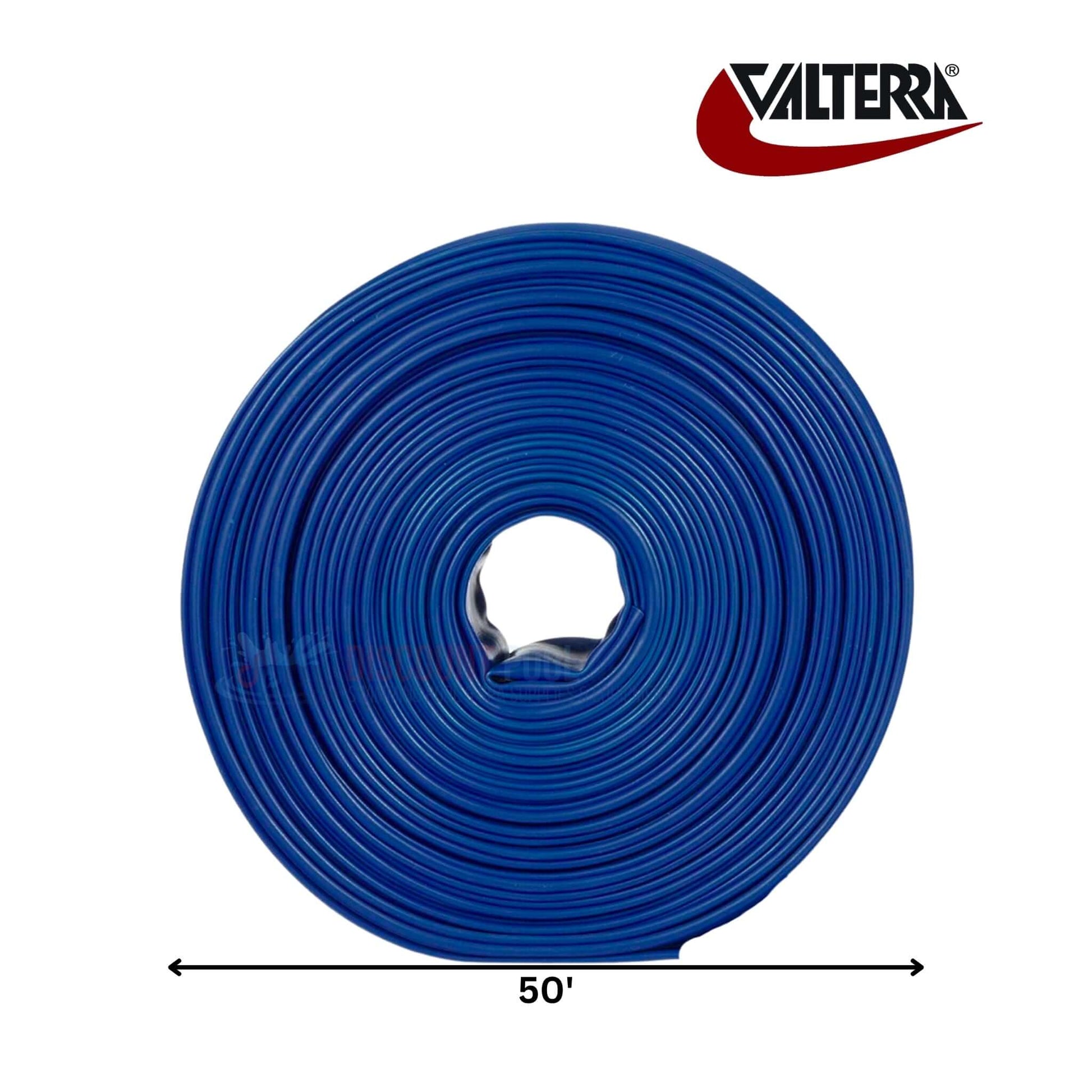 Blue Devil 50' backwash hose rolled, ideal for pool maintenance, available at Discount Pool Mart DPM, tough 22 mil vinyl.