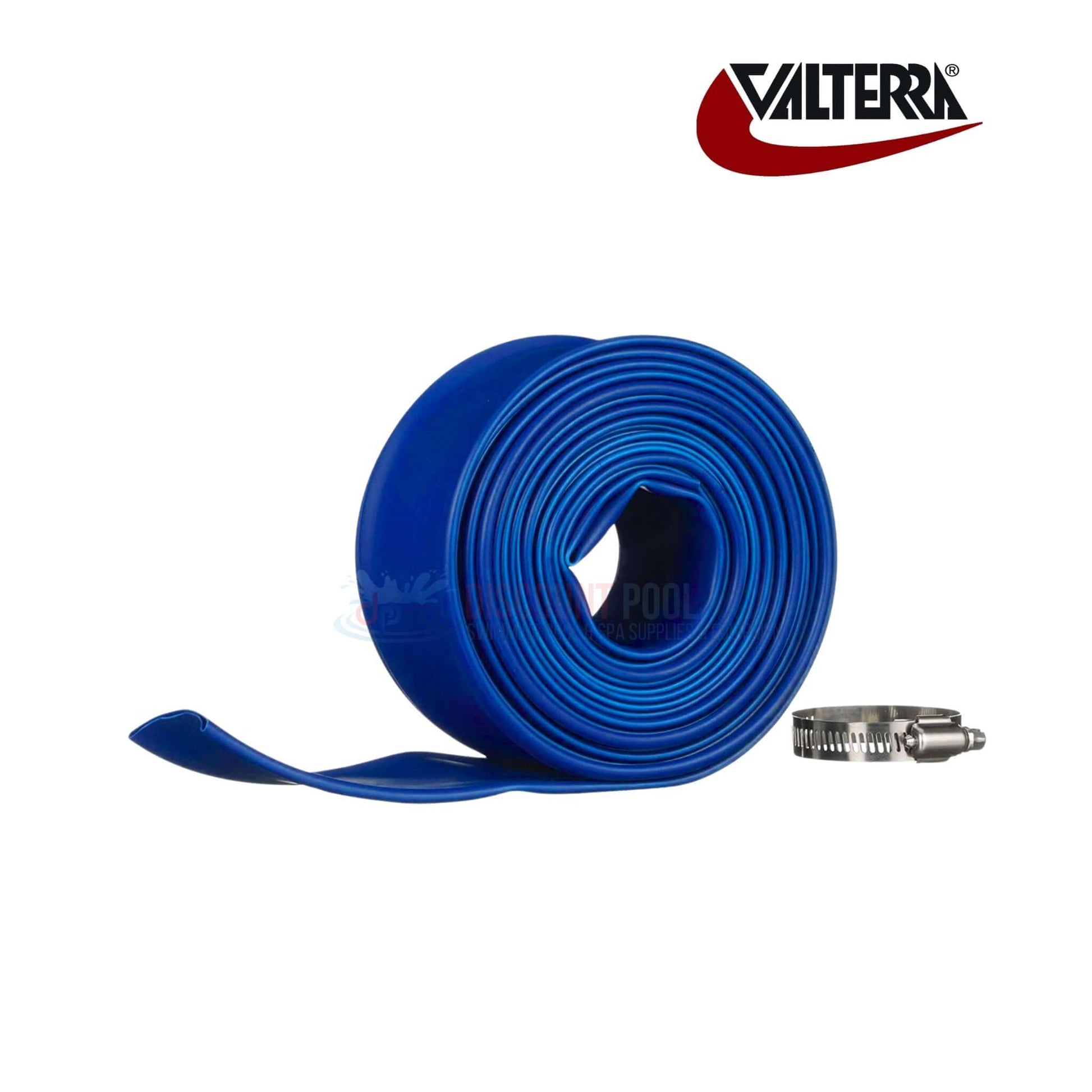 Blue Devil 50' heavy-duty backwash hose with clamp by Valterra, ideal for pool filtration maintenance at Discount Pool Mart DPM.