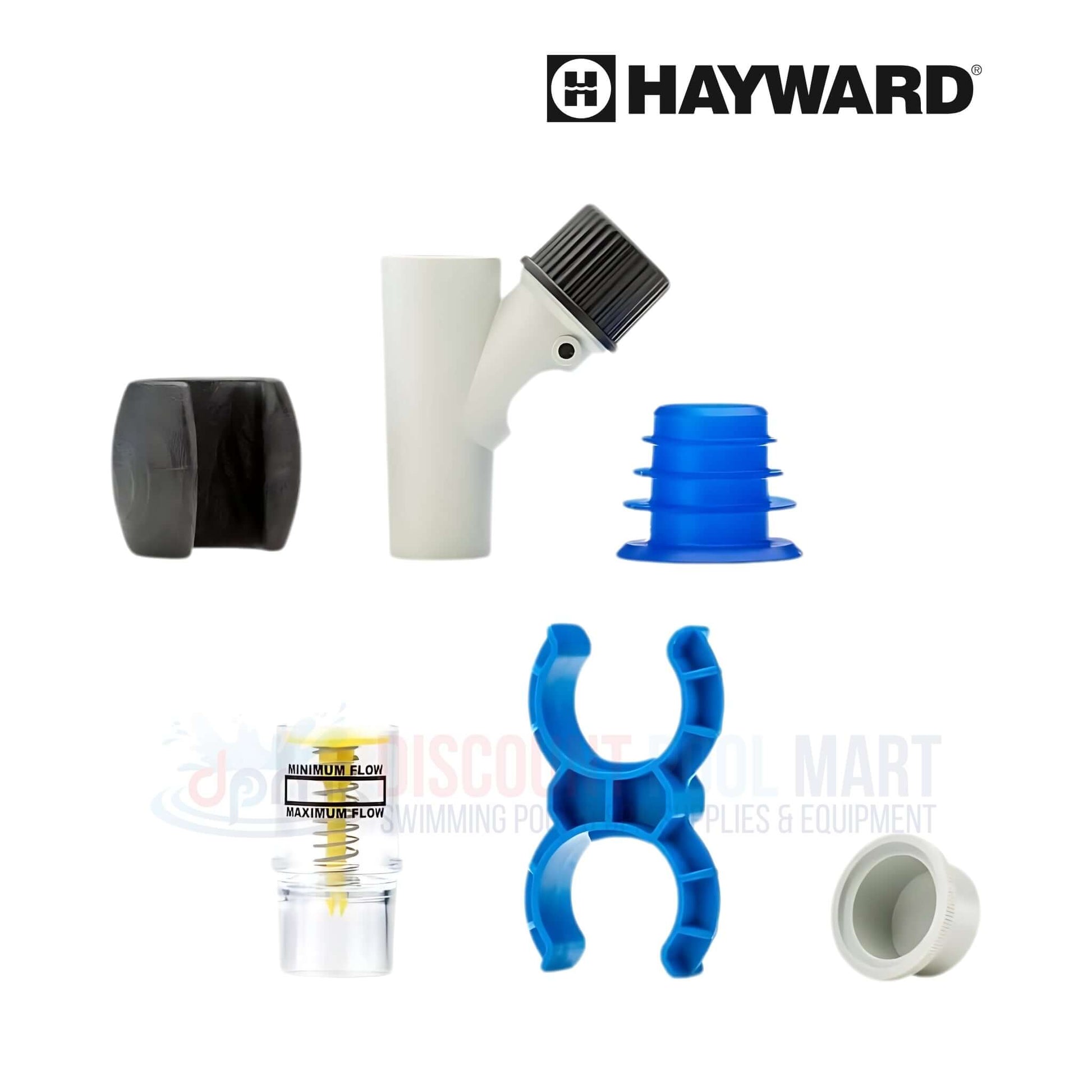 Hayward pool cleaner parts including connectors, adapters, and flow controller from Discount Pool Mart DPM.