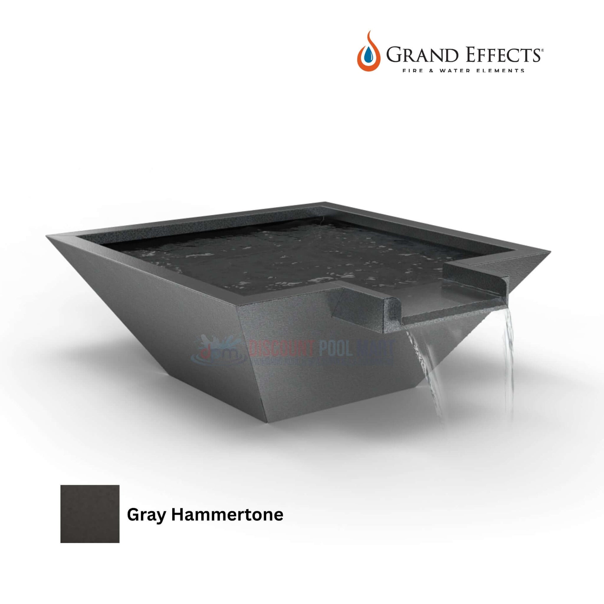 Grand Effects Square Corinthian Water Bowl in Gray Hammertone, SKU DPM, Discount Pool Mart, durable metal water feature.