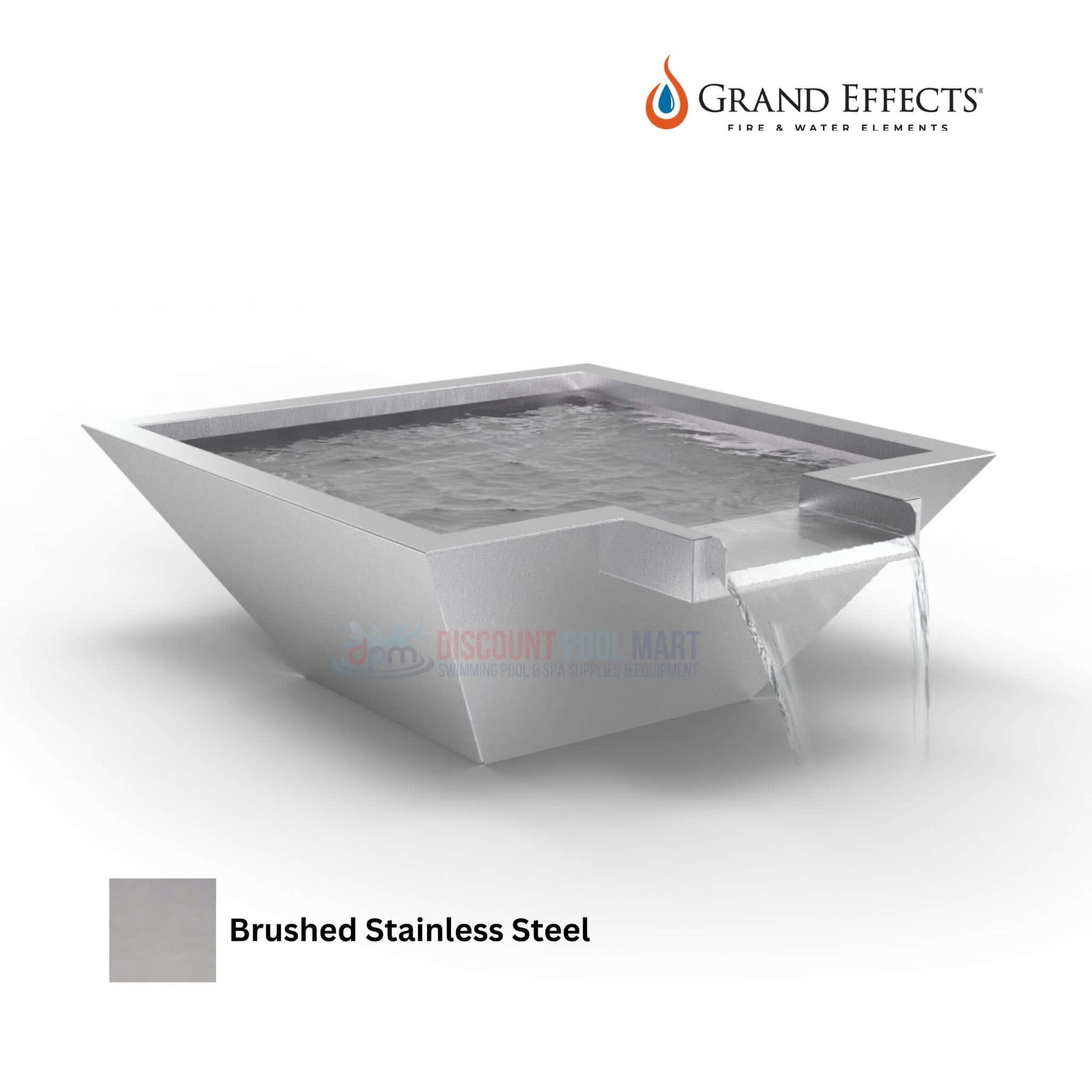 Grand Effects Square Corinthian Water Bowl in brushed stainless steel by Discount Pool Mart DPM, SKU: GE-SQ-WB