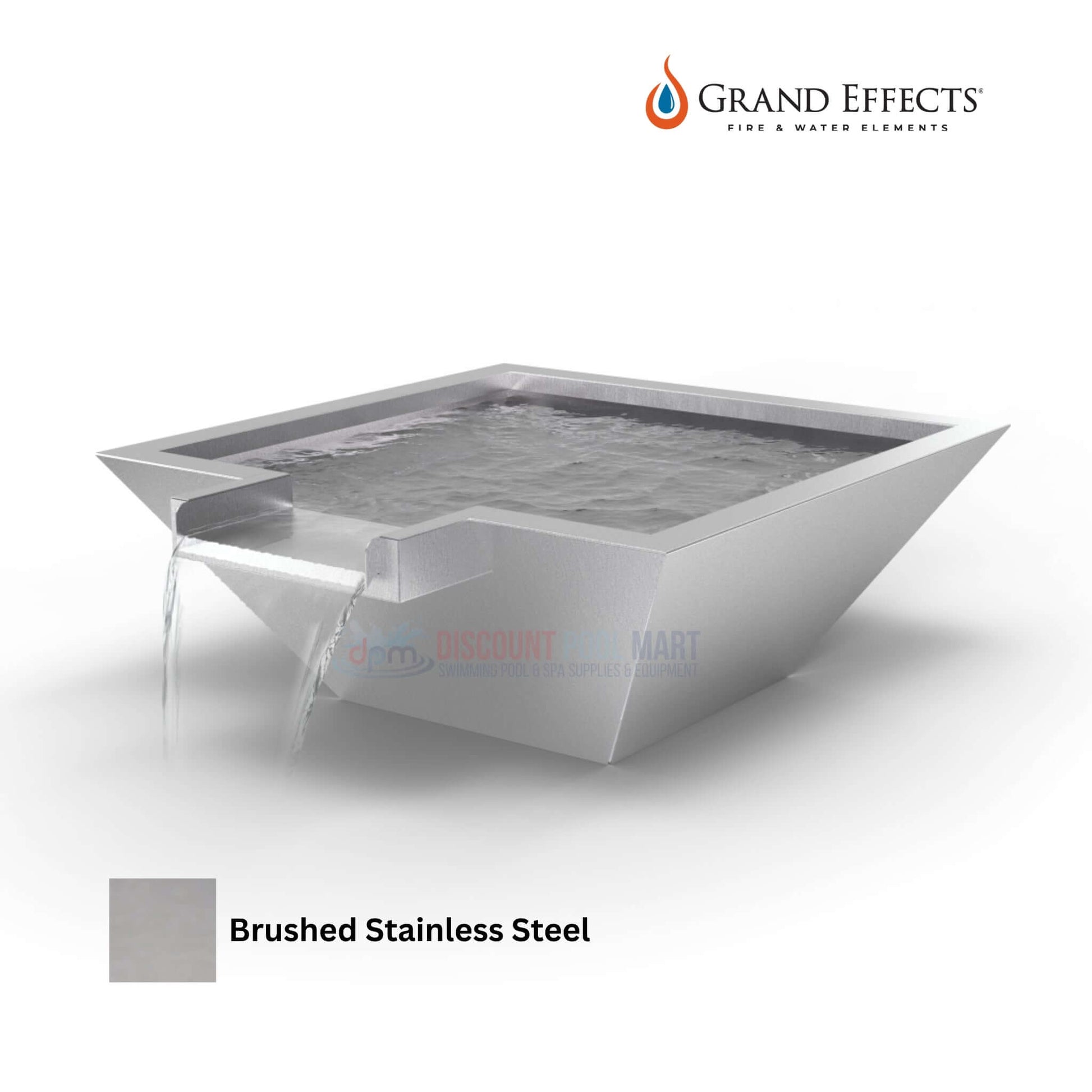 Grand Effects Square Corinthian Water Bowl in brushed stainless steel, SKU/DPM - Ideal outdoor feature from Discount Pool Mart.