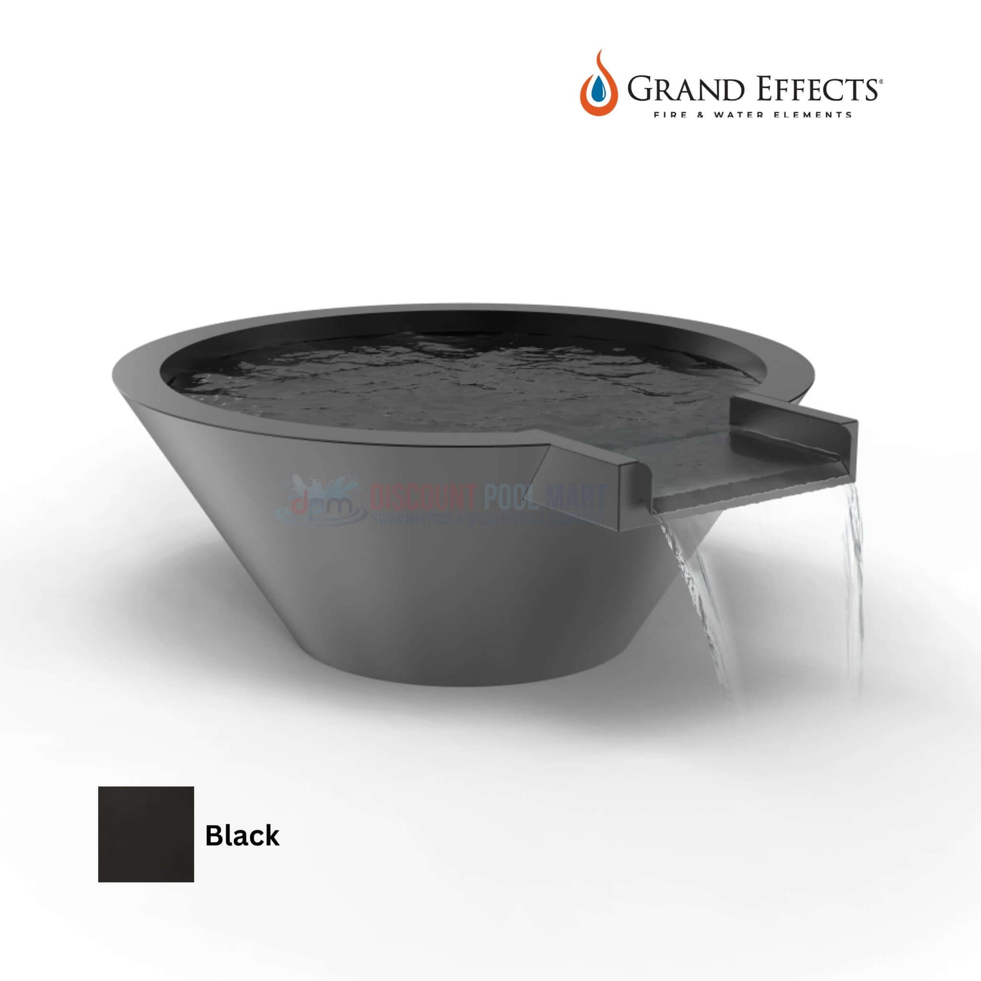 Grand Effects Round Essex Water Bowl in Black with Extended Lip, DPM SKU, quality outdoor water feature at Discount Pool Mart.