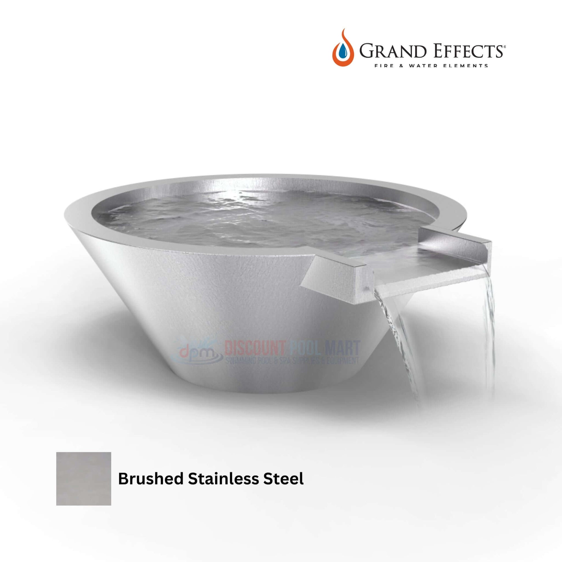 Grand Effects Round Essex Water Bowl, Extended Lip, Stainless Steel, SKU DPM, Discount Pool Mart, Modern Outdoor Feature.