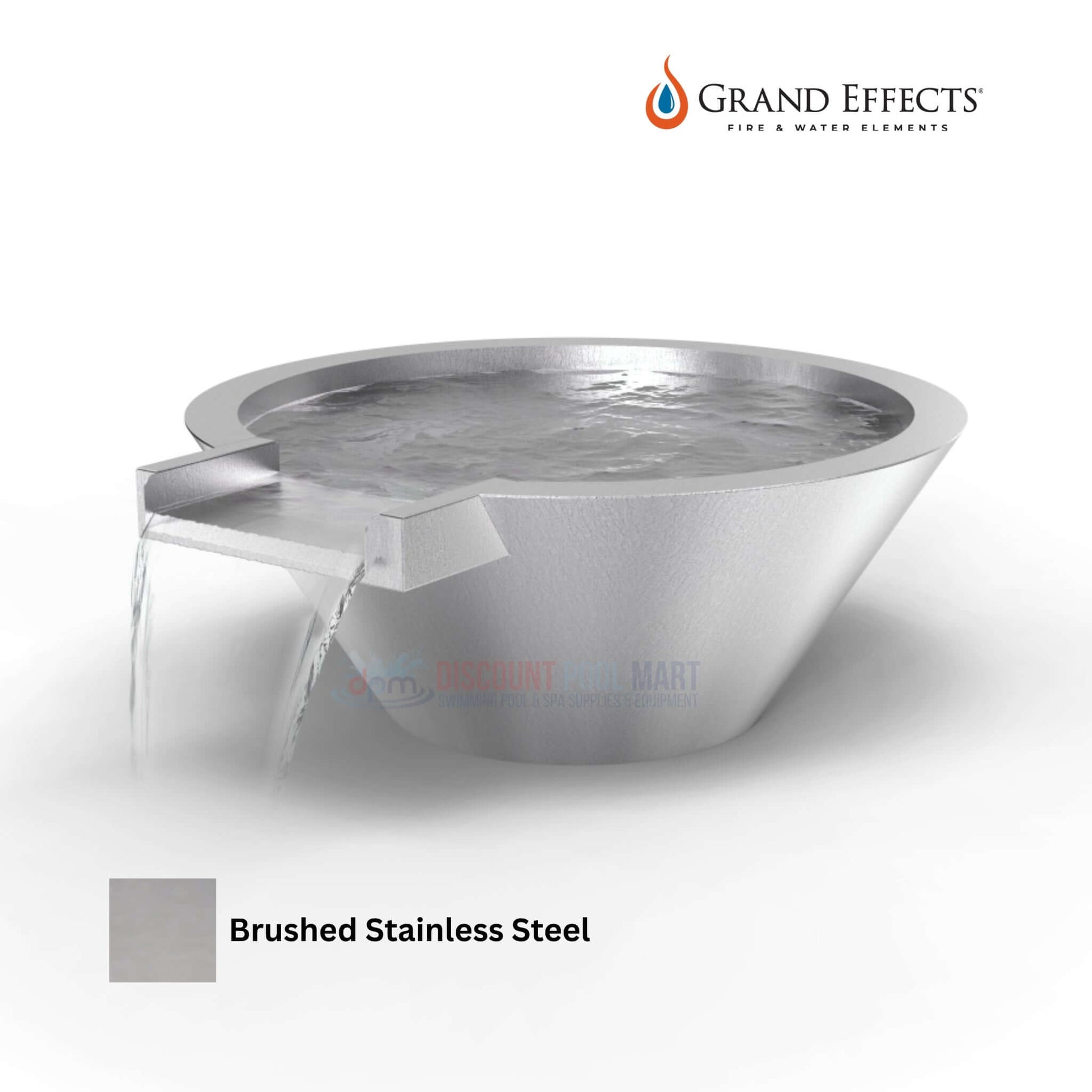 Grand Effects Round Essex Water Bowl in Brushed Stainless Steel, SKU DPM, Discount Pool Mart, elegant outdoor water feature.