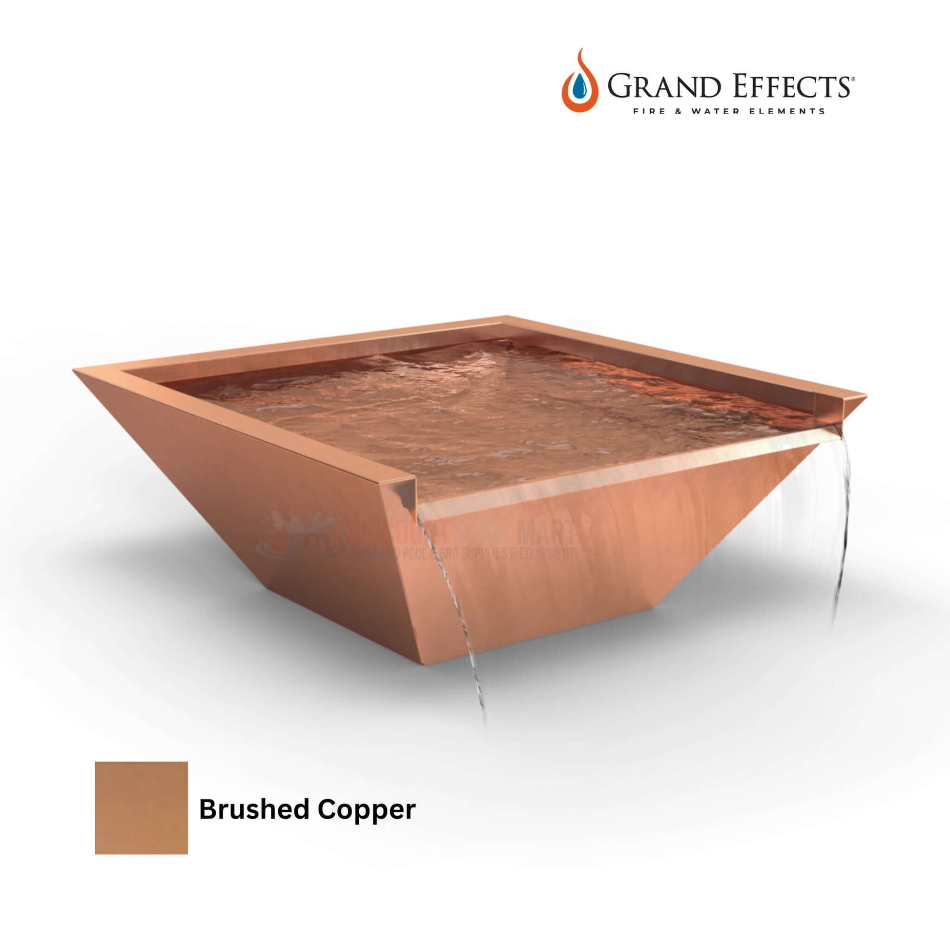 Grand Effects Square Corinthian Water Bowl in Brushed Copper, seamless lip design, DPM SKU available at Discount Pool Mart.