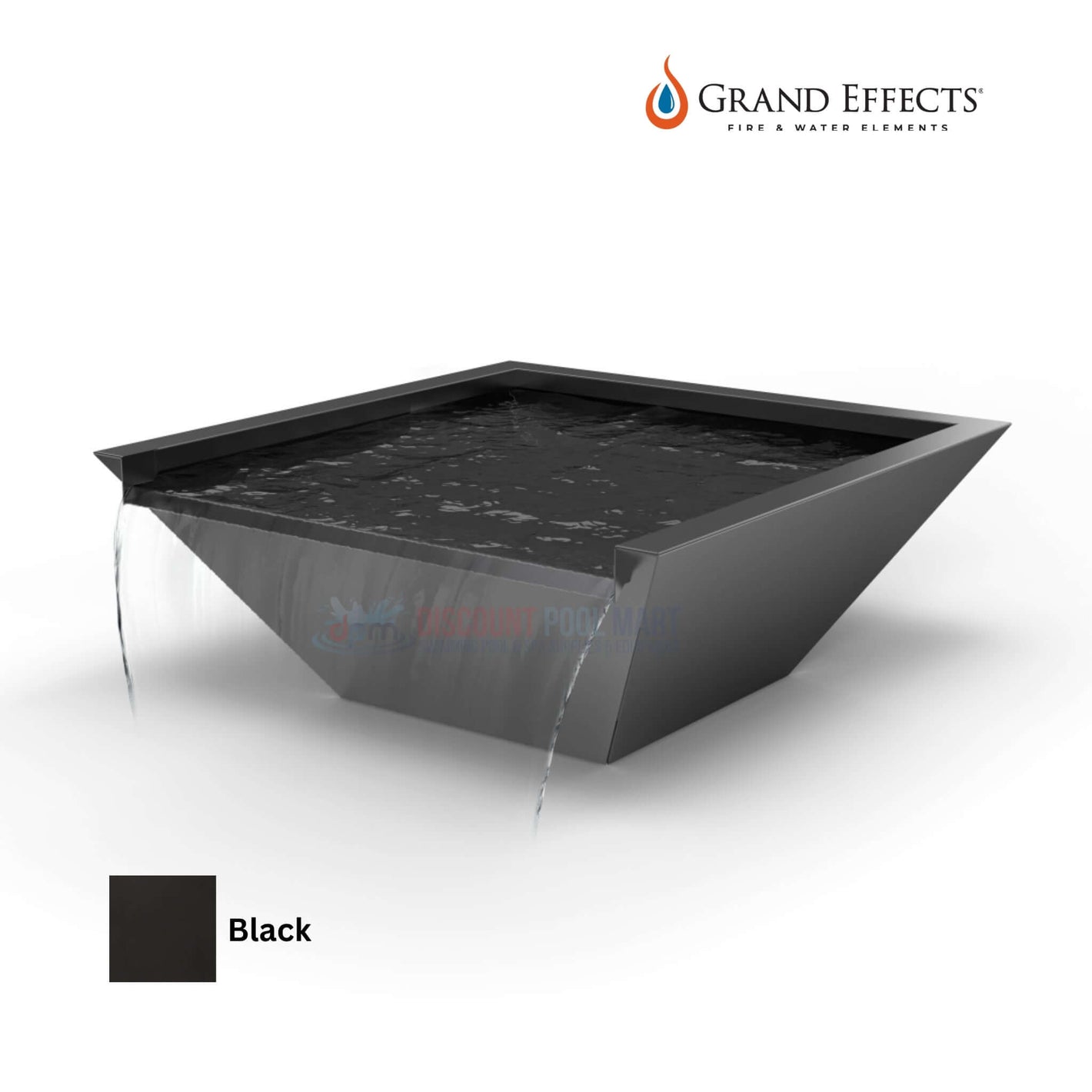 Grand Effects Square Corinthian Water Bowl in Black, Seamless Lip, Metallic Finish, SKU: DPM, Discount Pool Mart.