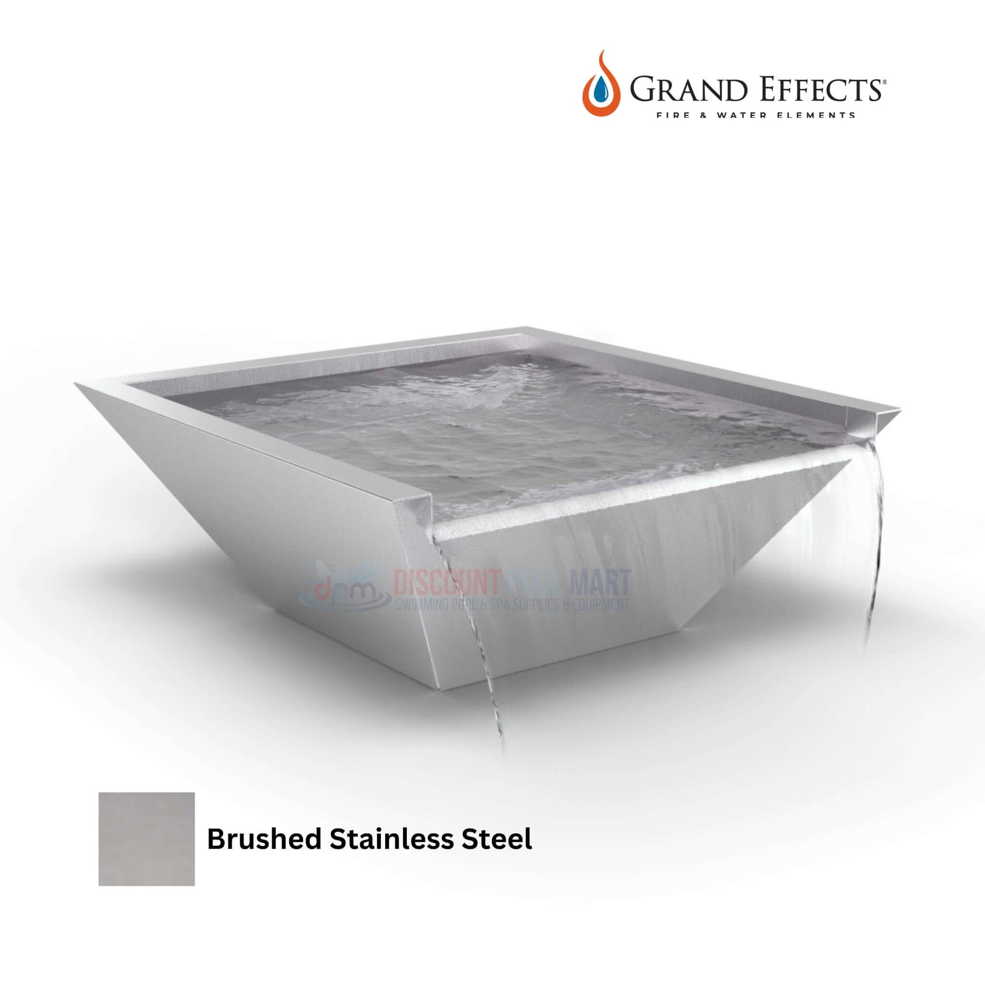 Grand Effects Square Corinthian Water Bowl in Brushed Stainless Steel by Discount Pool Mart DPM, seamless lip design.