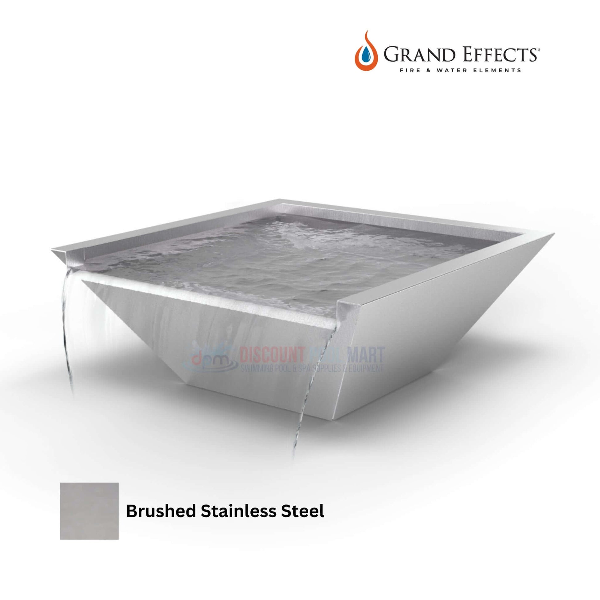 Grand Effects Square Corinthian Water Bowl in Brushed Stainless Steel from Discount Pool Mart DPM. SKU: [insert SKU here].